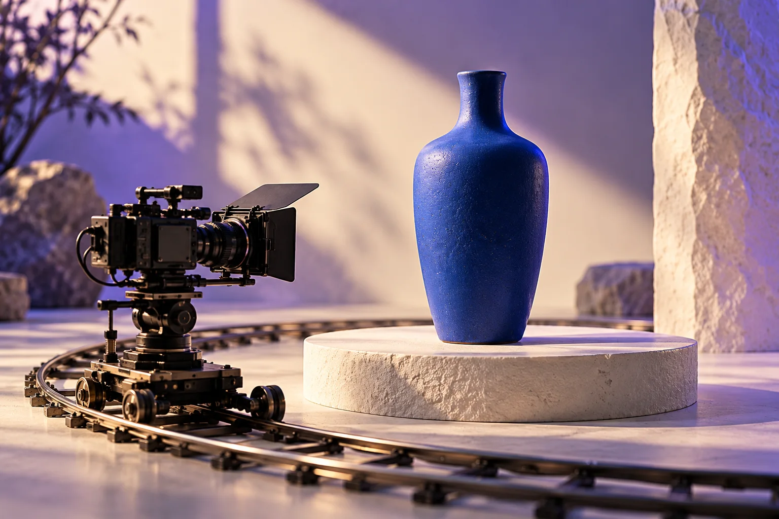 A miniature camera on a curved rail illustrates deliberate camera movement around a blue ceramic bottle