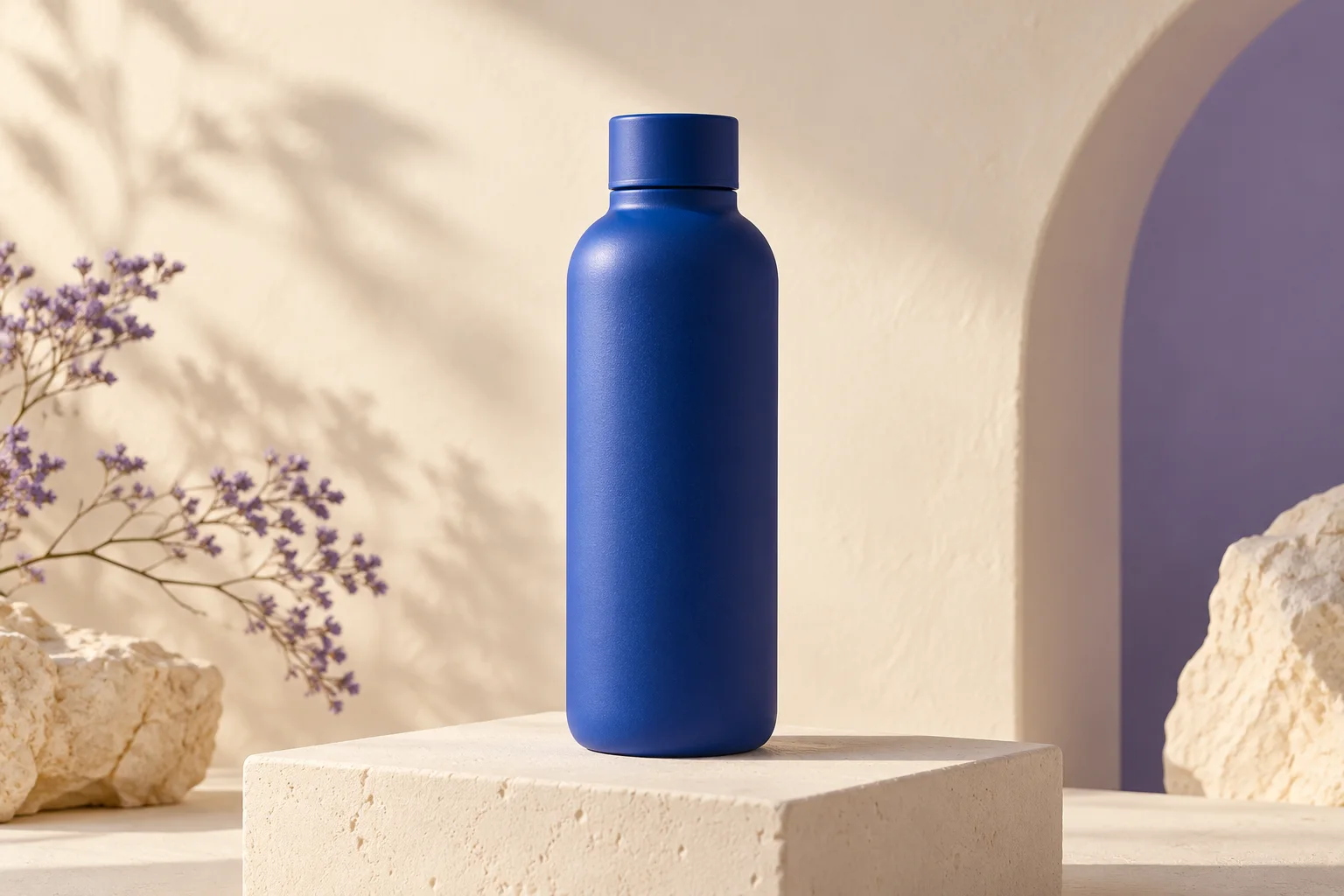 A blue bottle with a simple cap on a pale plinth provides a clear reference composition