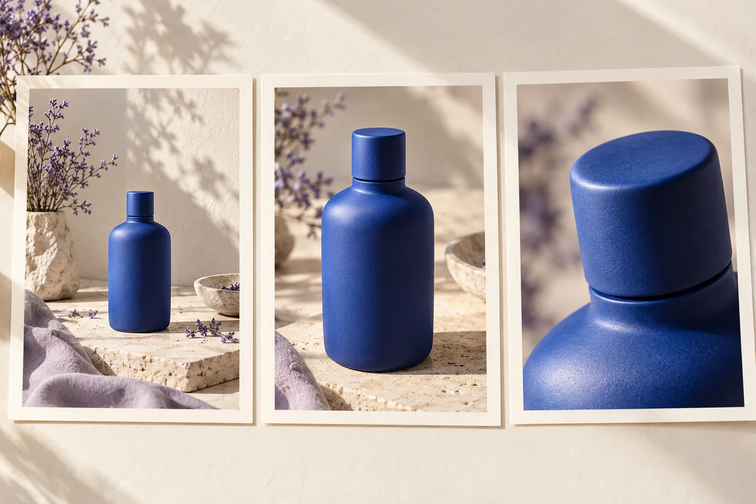 Three storyboard cards show a wide bottle shot, a closer view, and a cap detail