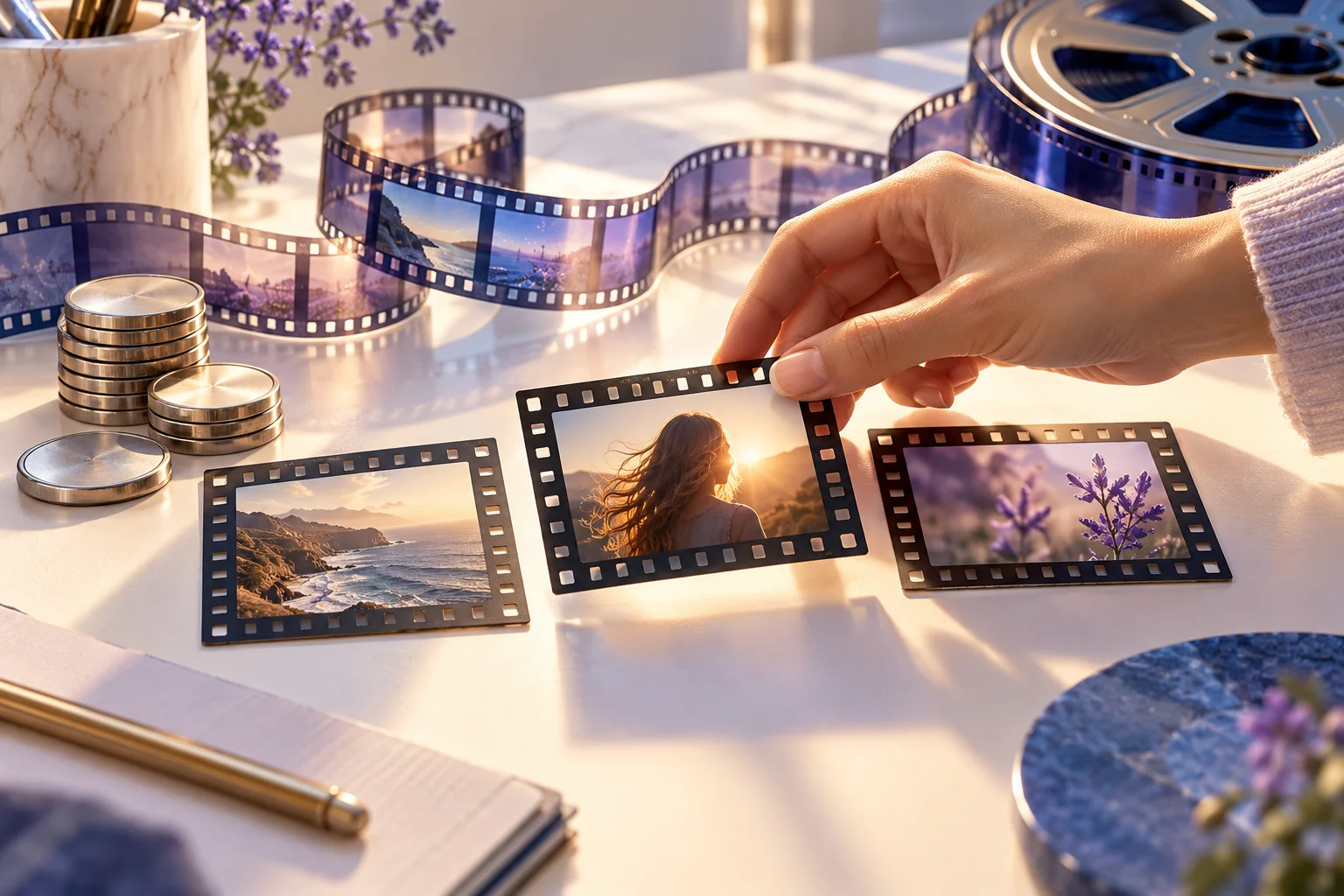 Film frames and metal tokens illustrate selecting usable shots rather than counting generations