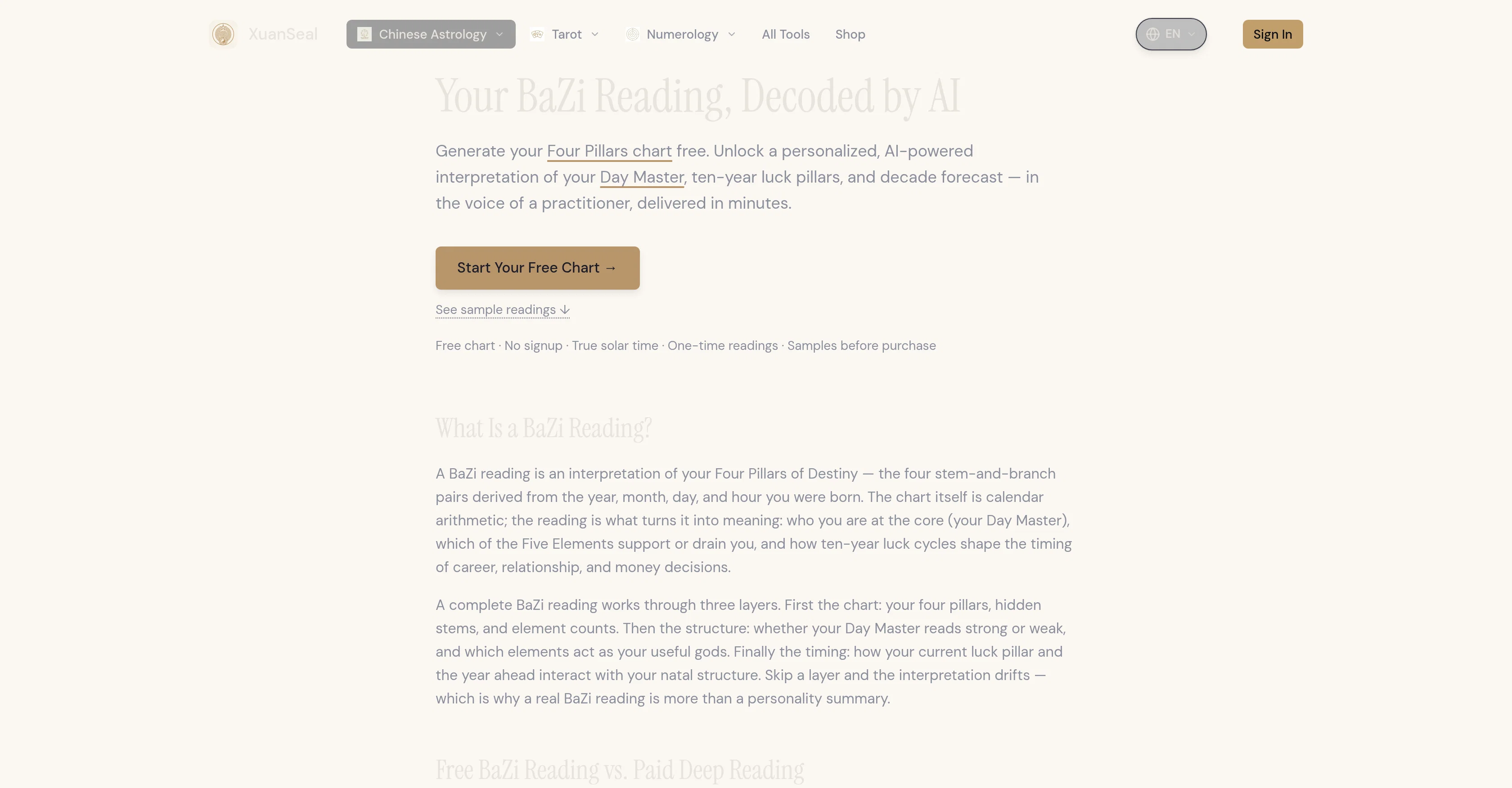 XuanSeal AI BaZi Reading website