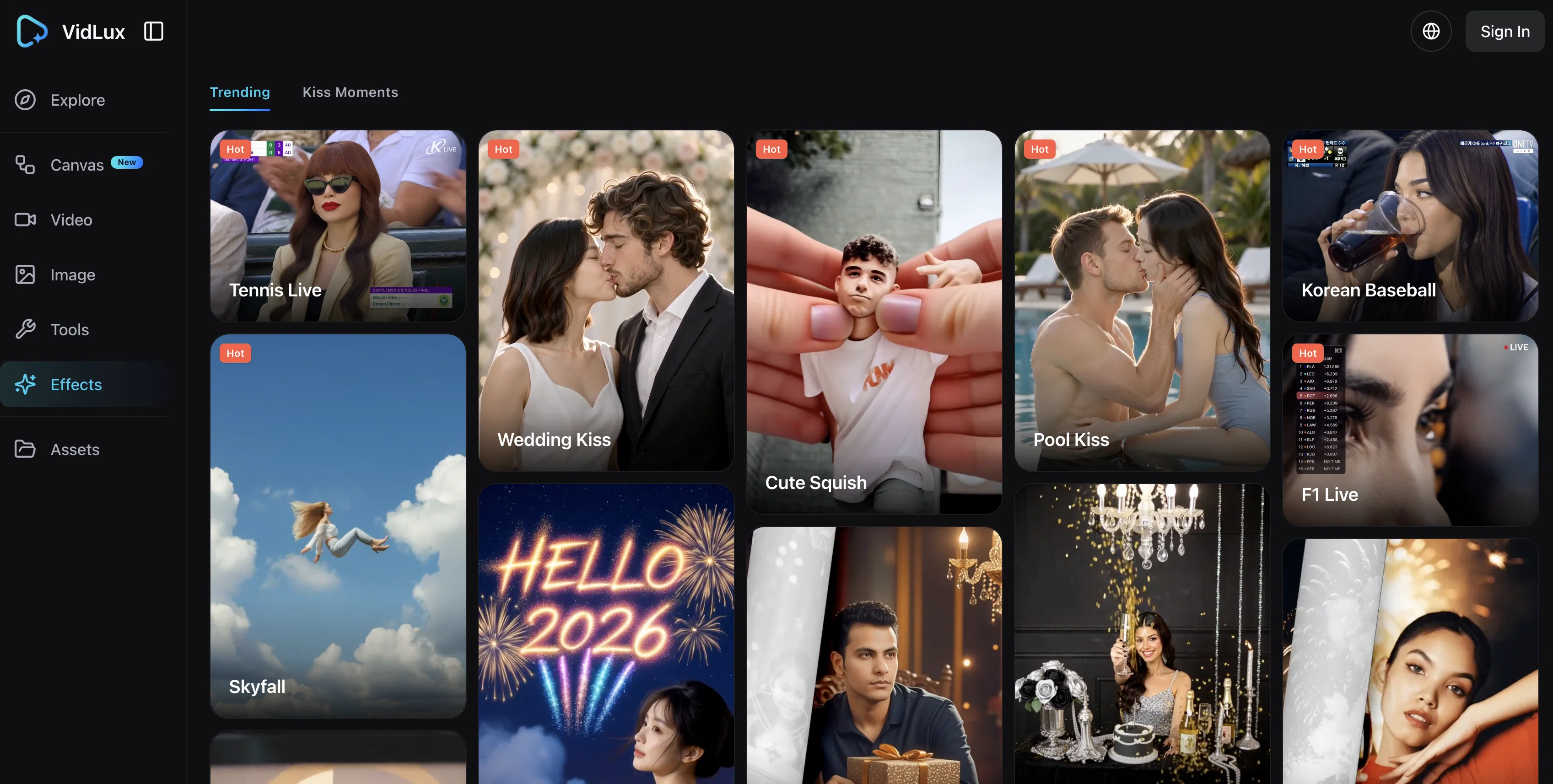 VidLux - AI Effects Generator website