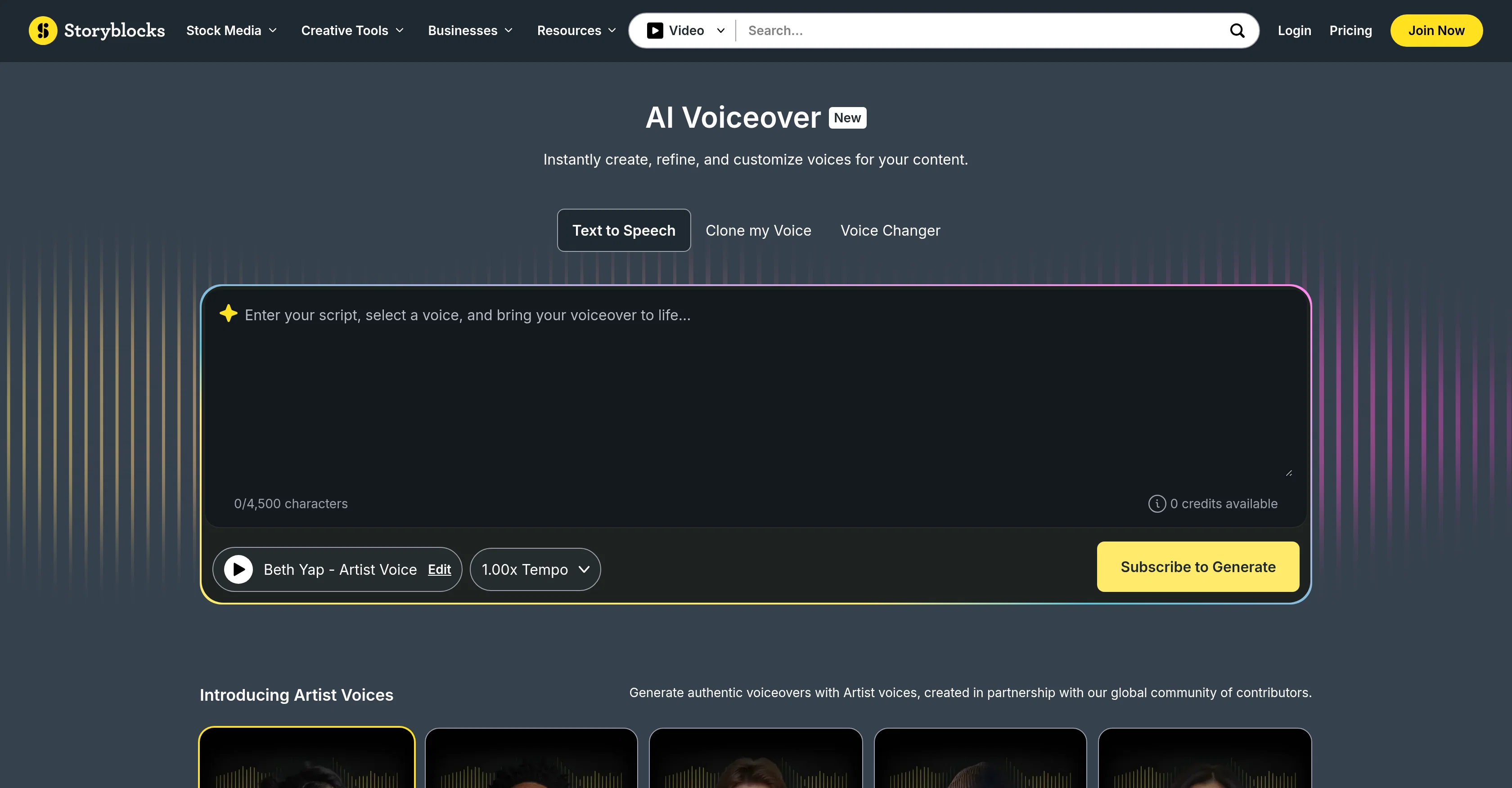 Storyblocks TTS website