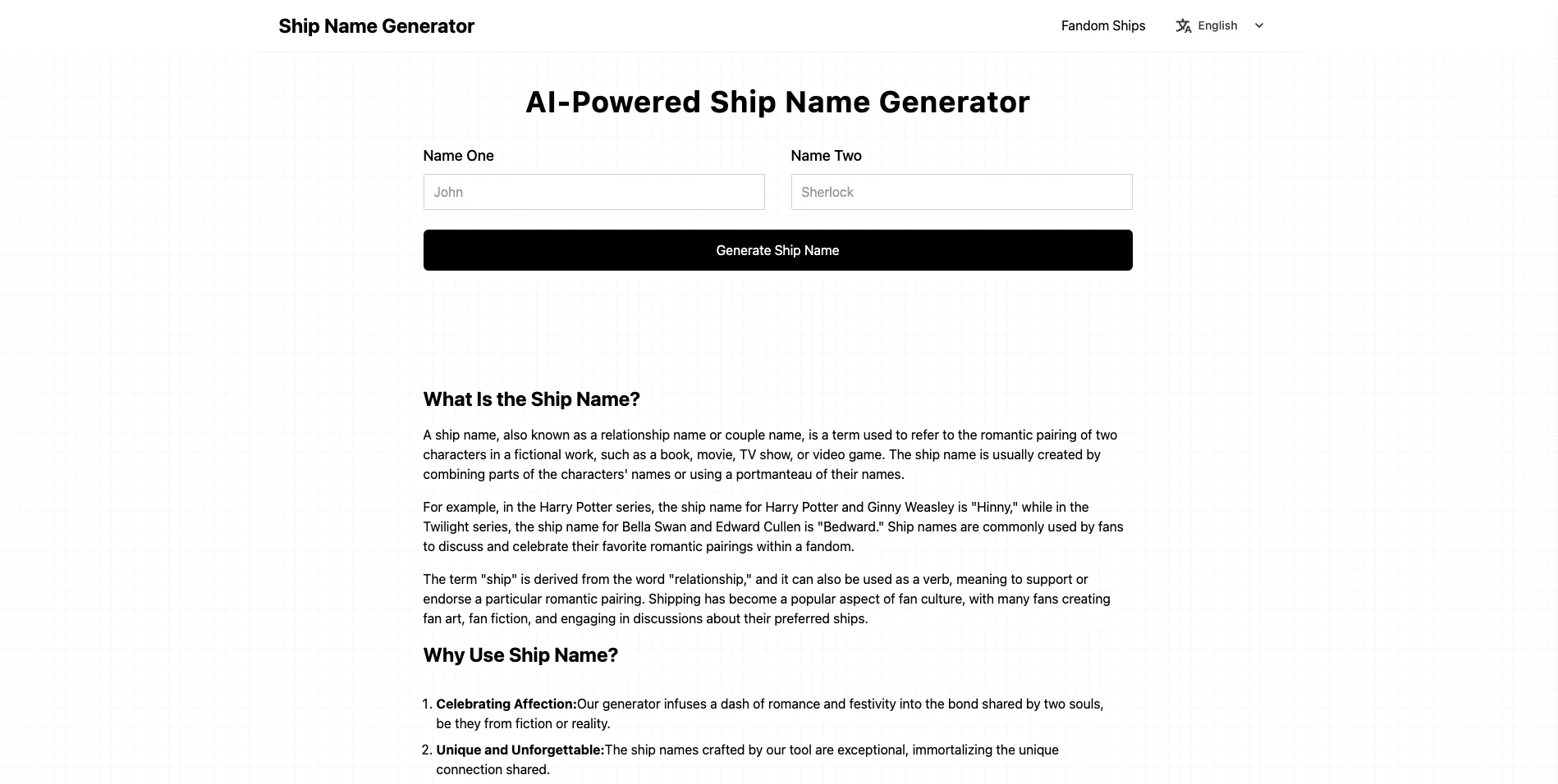 Ship Name Generator website