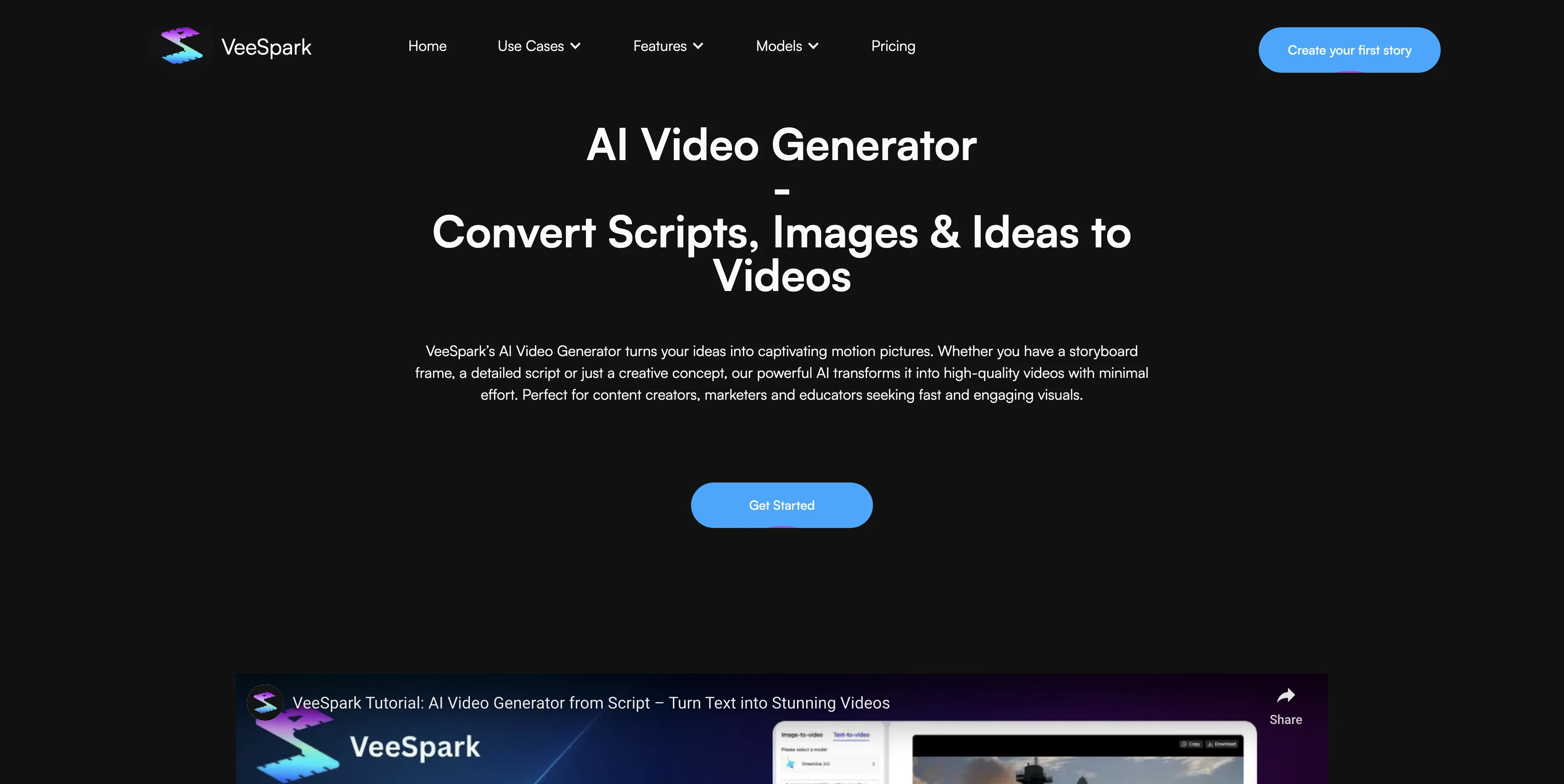 VeeSpark | AI Video Generator website