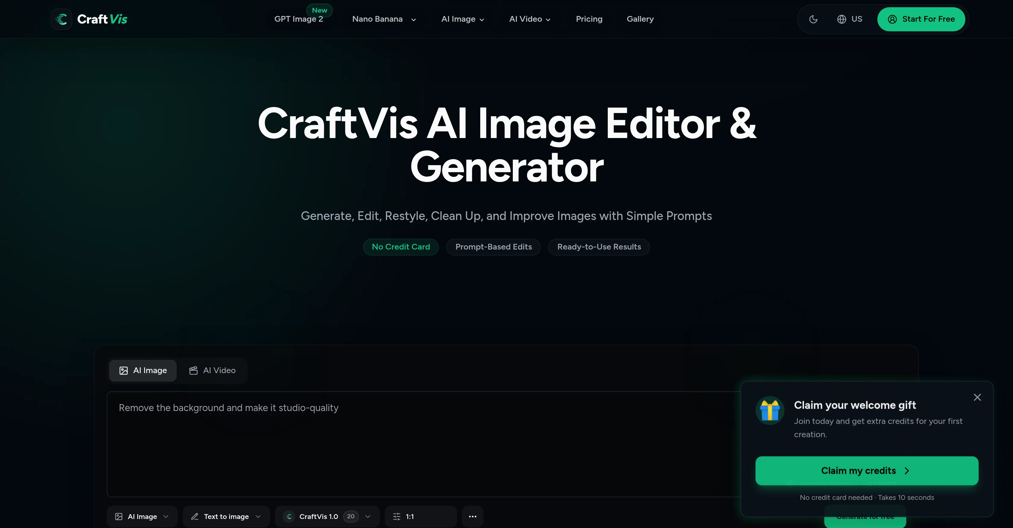 CraftVis AI Image Editor & Generator website