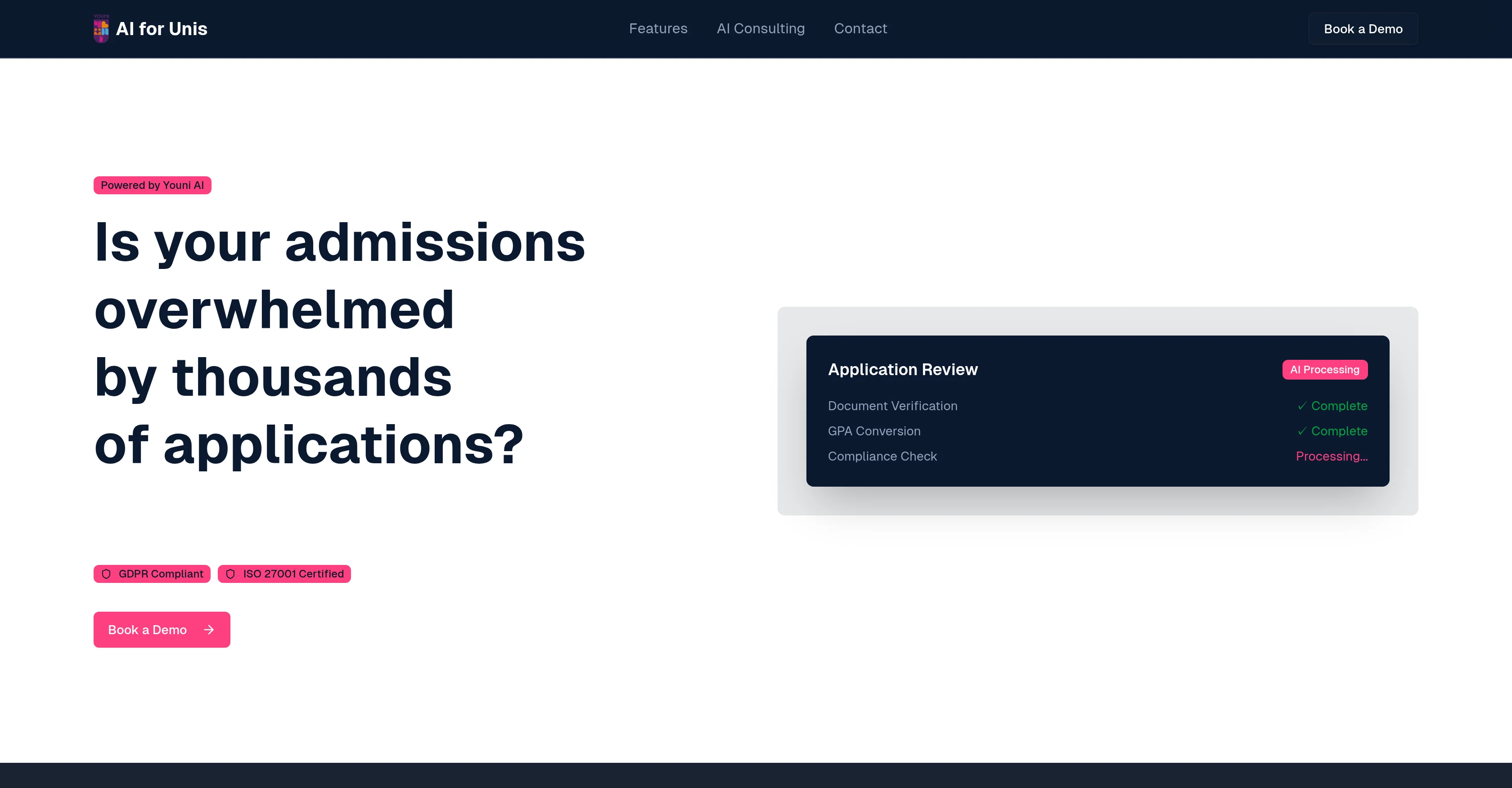 Youni AI Admissions website