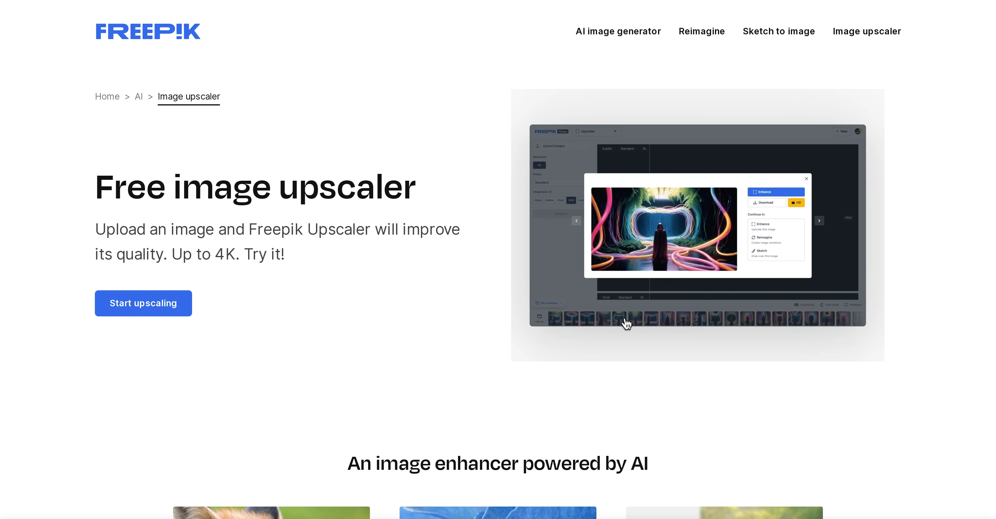 Freepik Upscaler website
