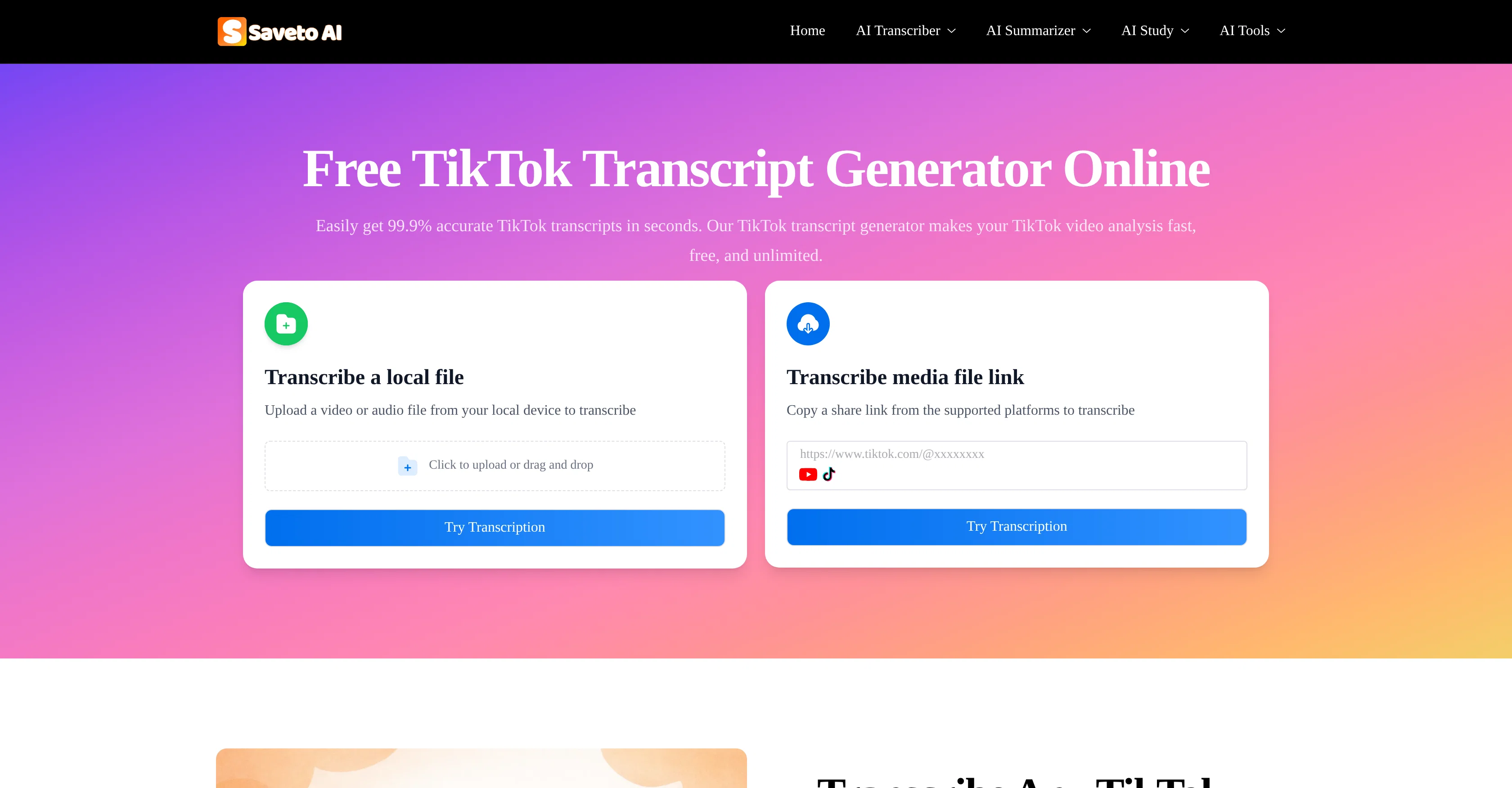 Saveto AI | TikTok Transcript Generator website