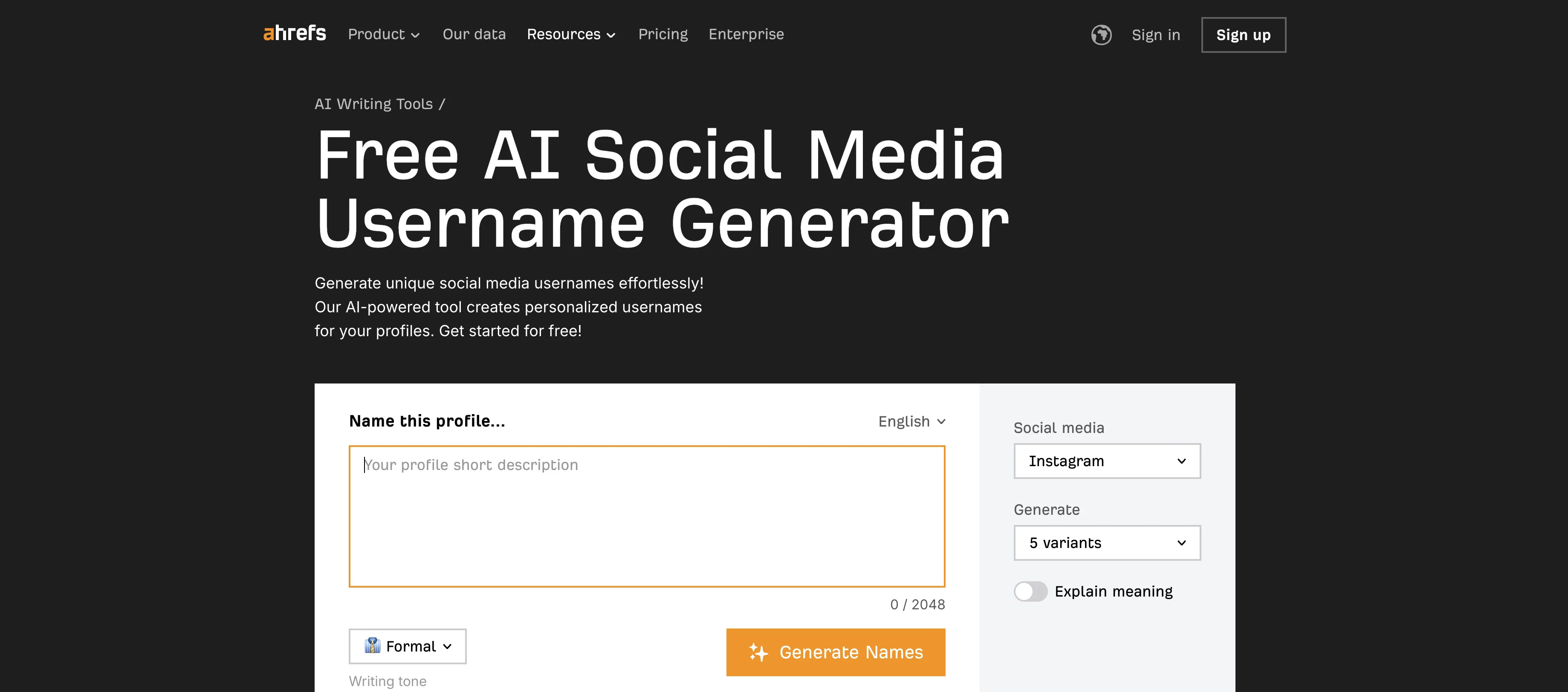 Ahrefs AI Social Media Username Generator website