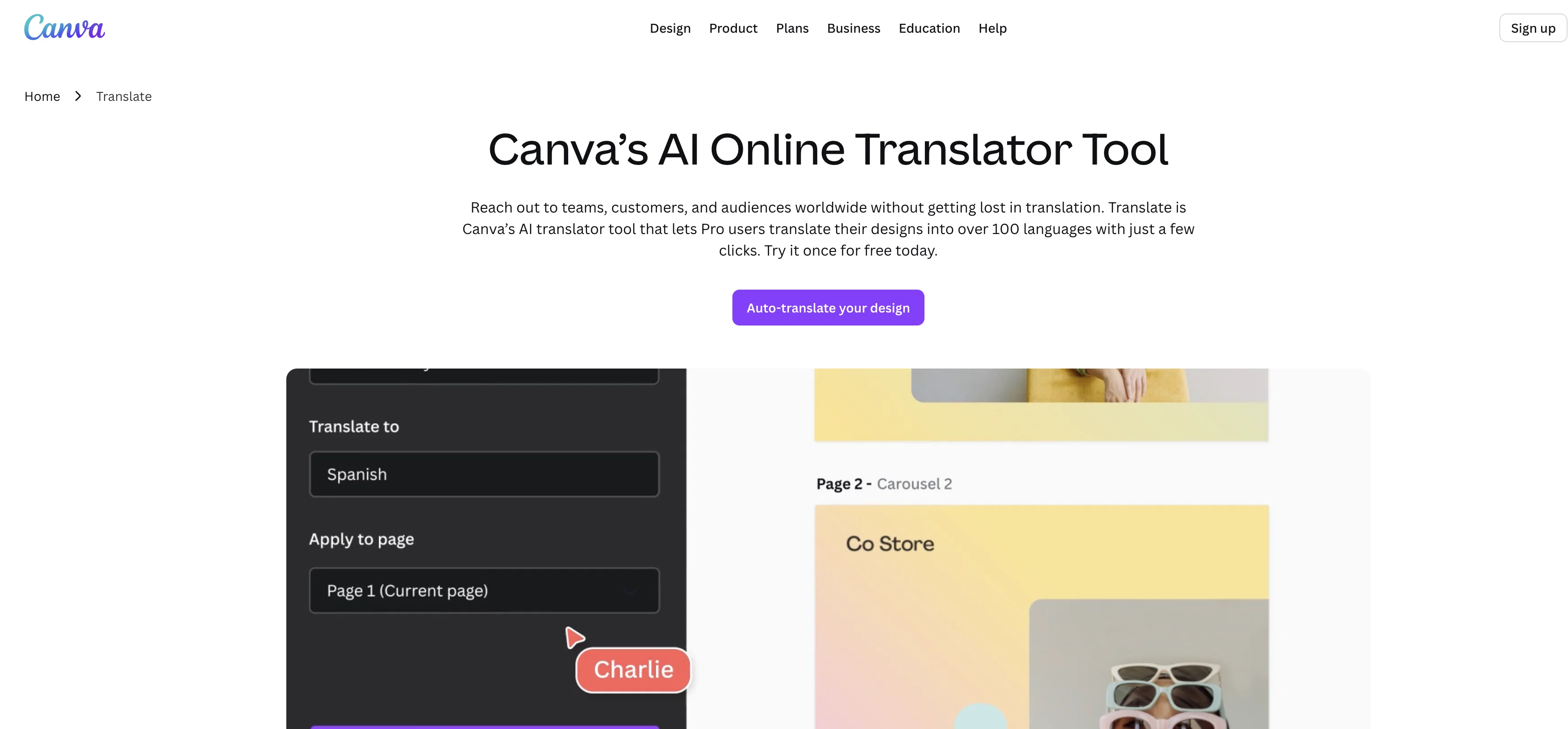 Canva Online Translator website