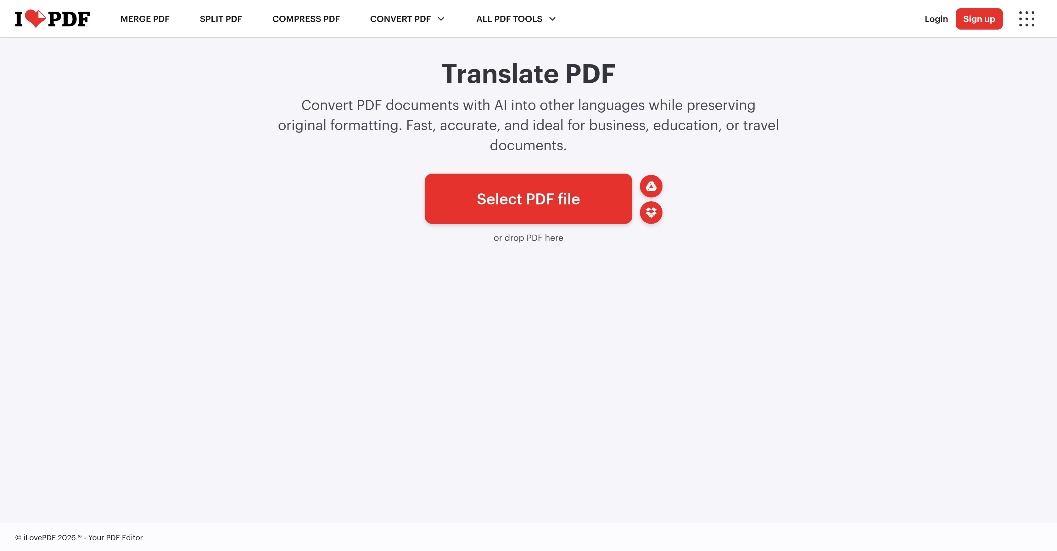 iLovePDF AI PDF Translator website