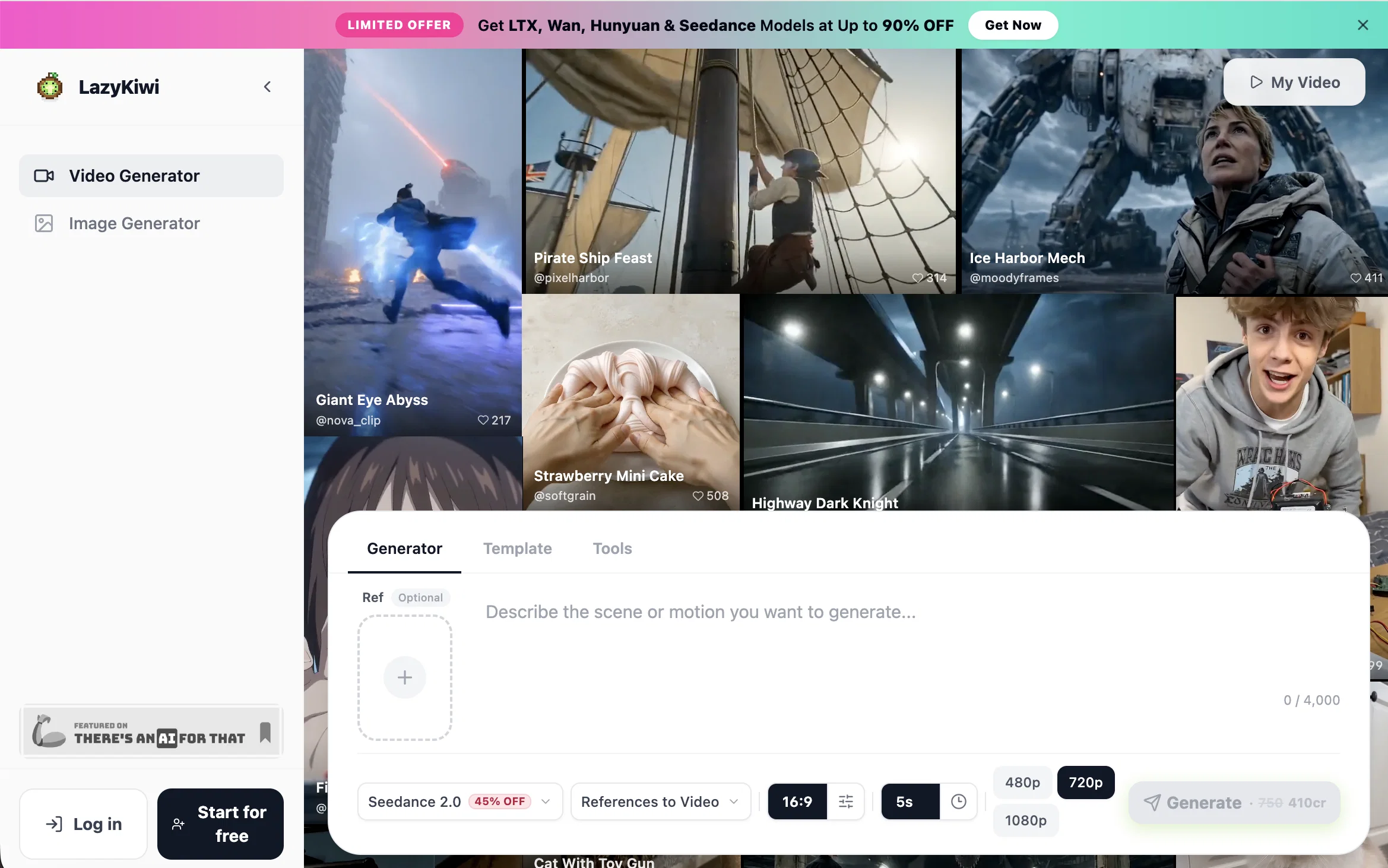 LazyKiwi AI Video Generator website
