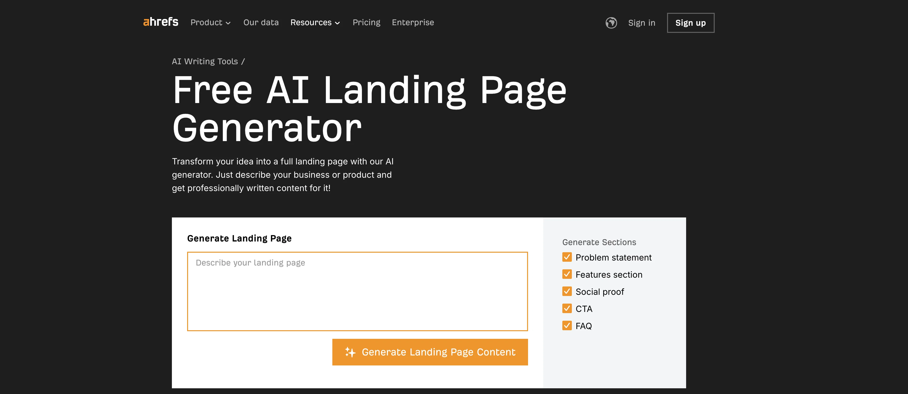 Ahrefs AI Landing Page Generator website