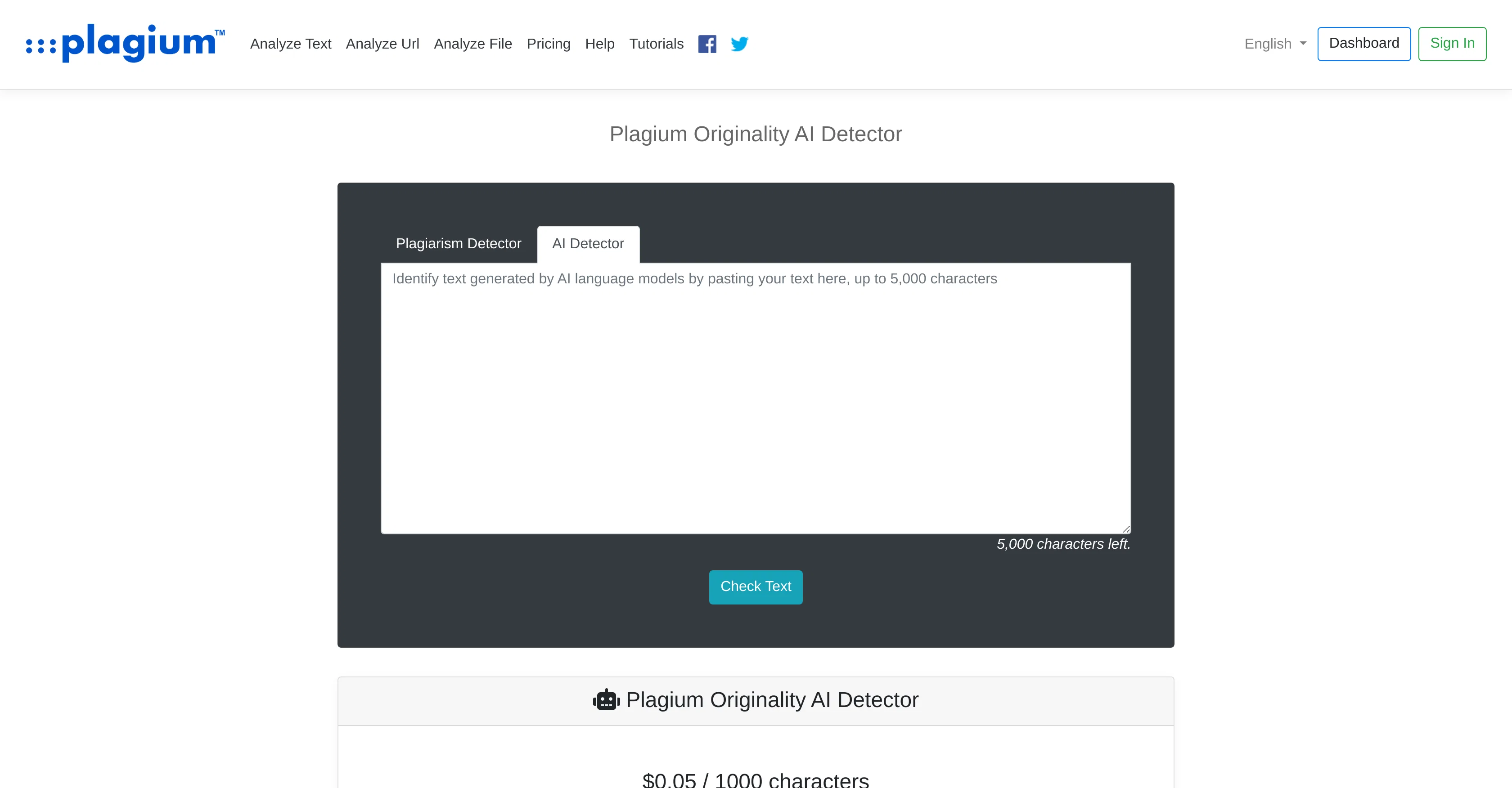 Plagium AI Detector website