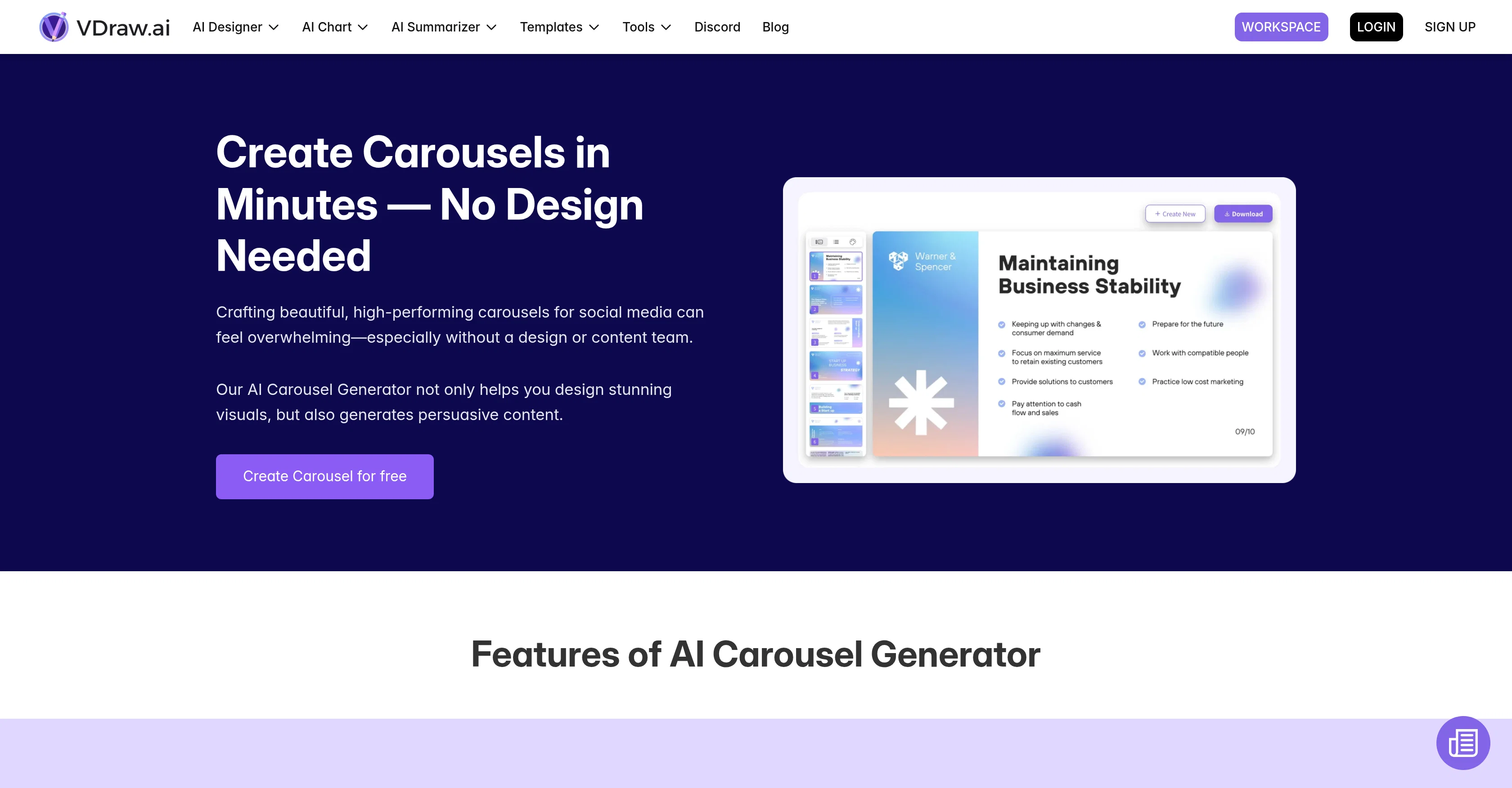 VDraw - AI Carousel Generator website