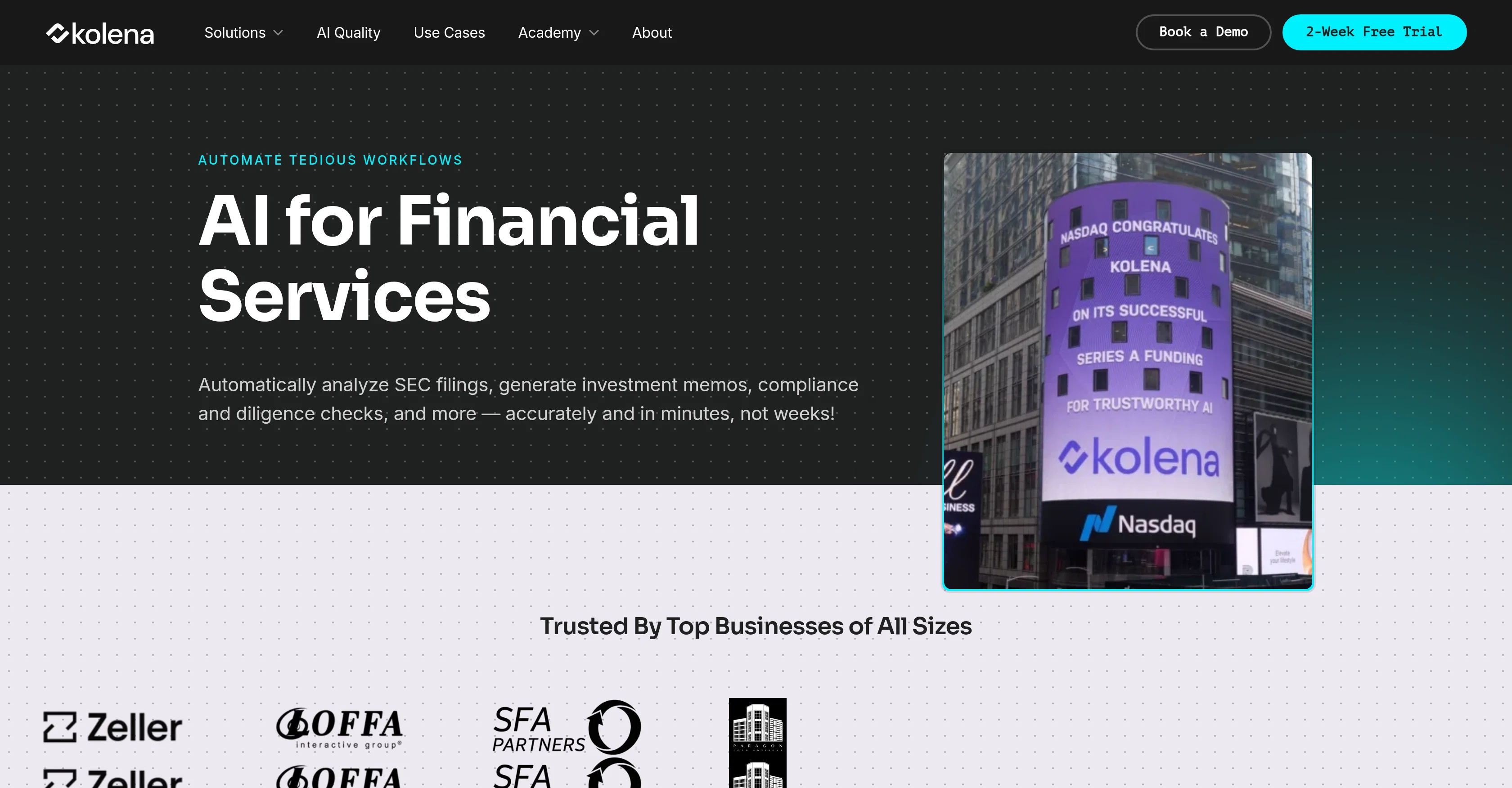 Kolena AI for Financial Services website