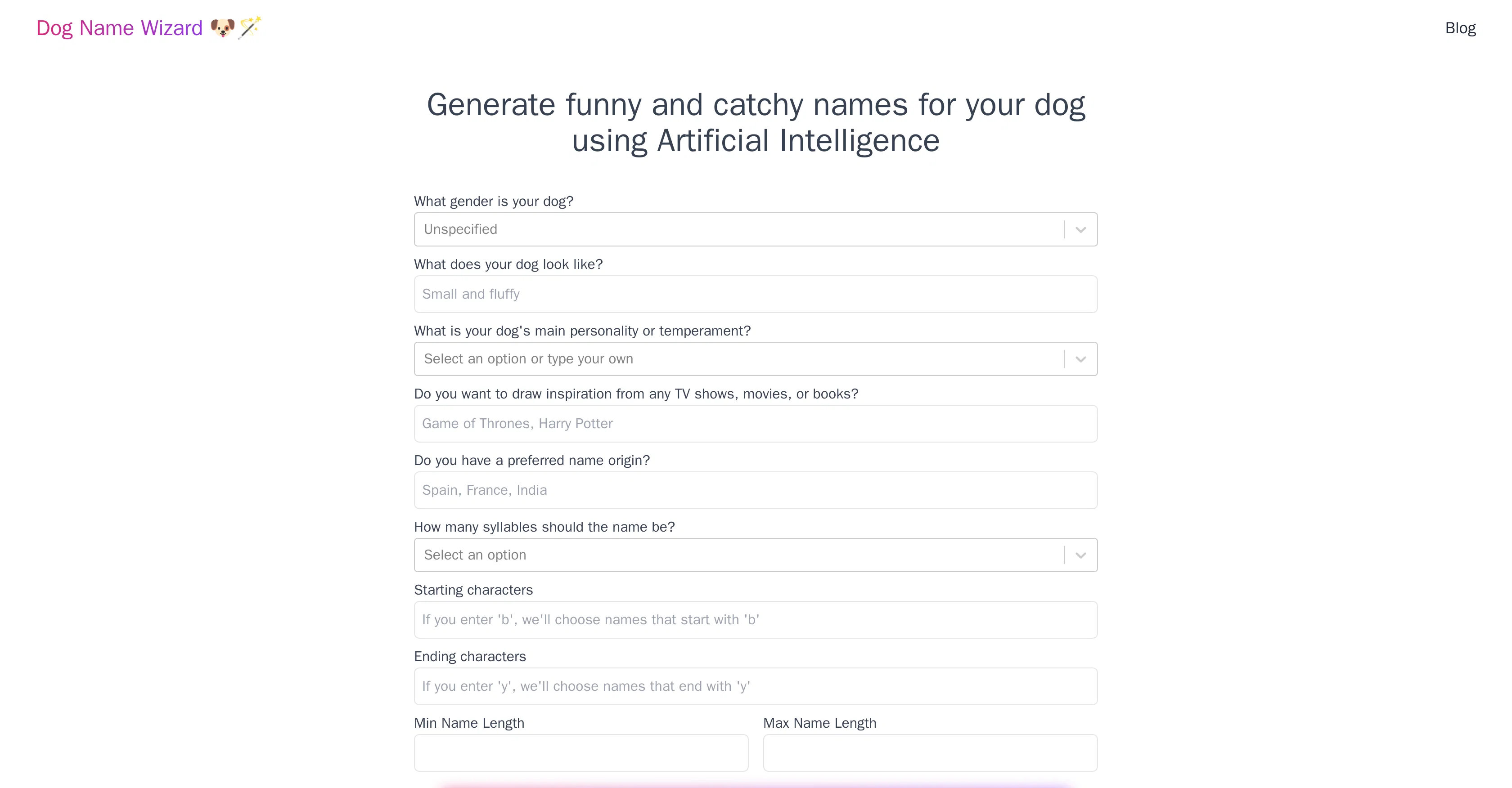 Dog Name Wizard website