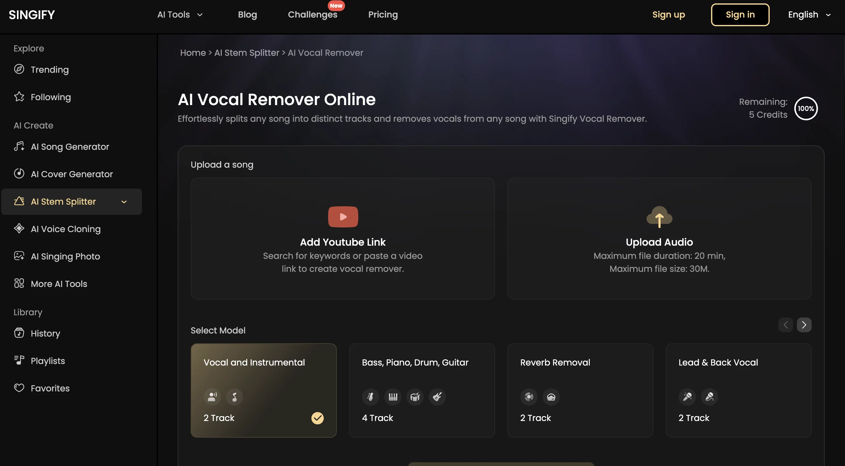 Singify AI Vocal Remover website