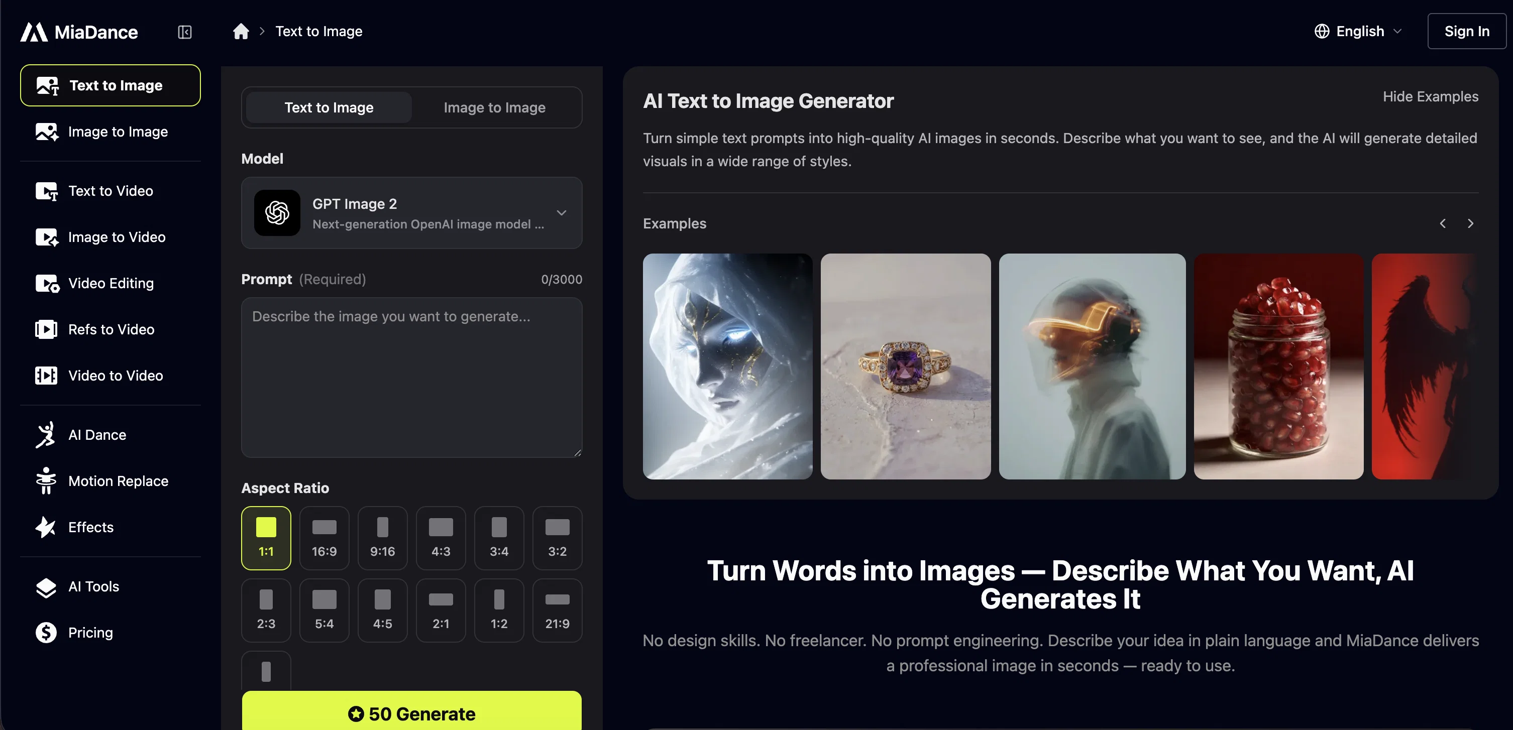 MiaDance | Text to Image Generator website