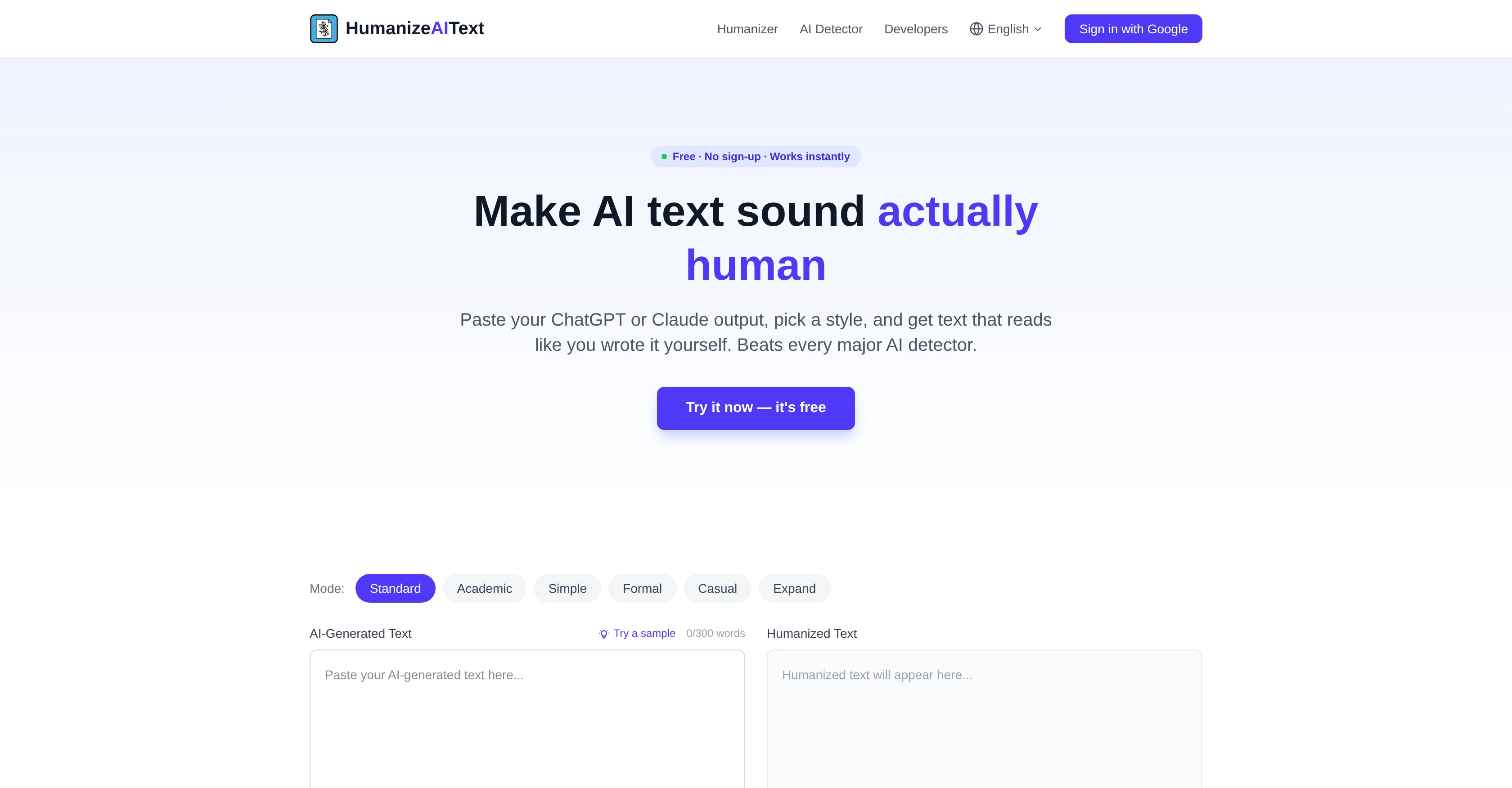 Humanize AI Text App website