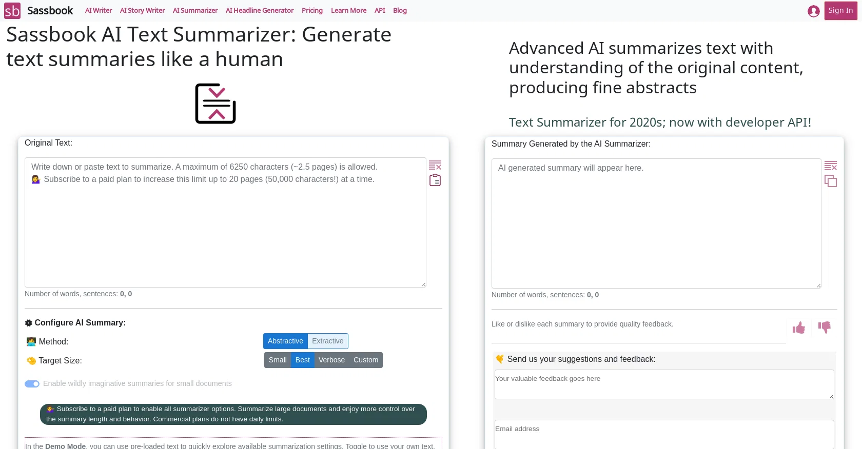 Sassbook AI Summarizer website