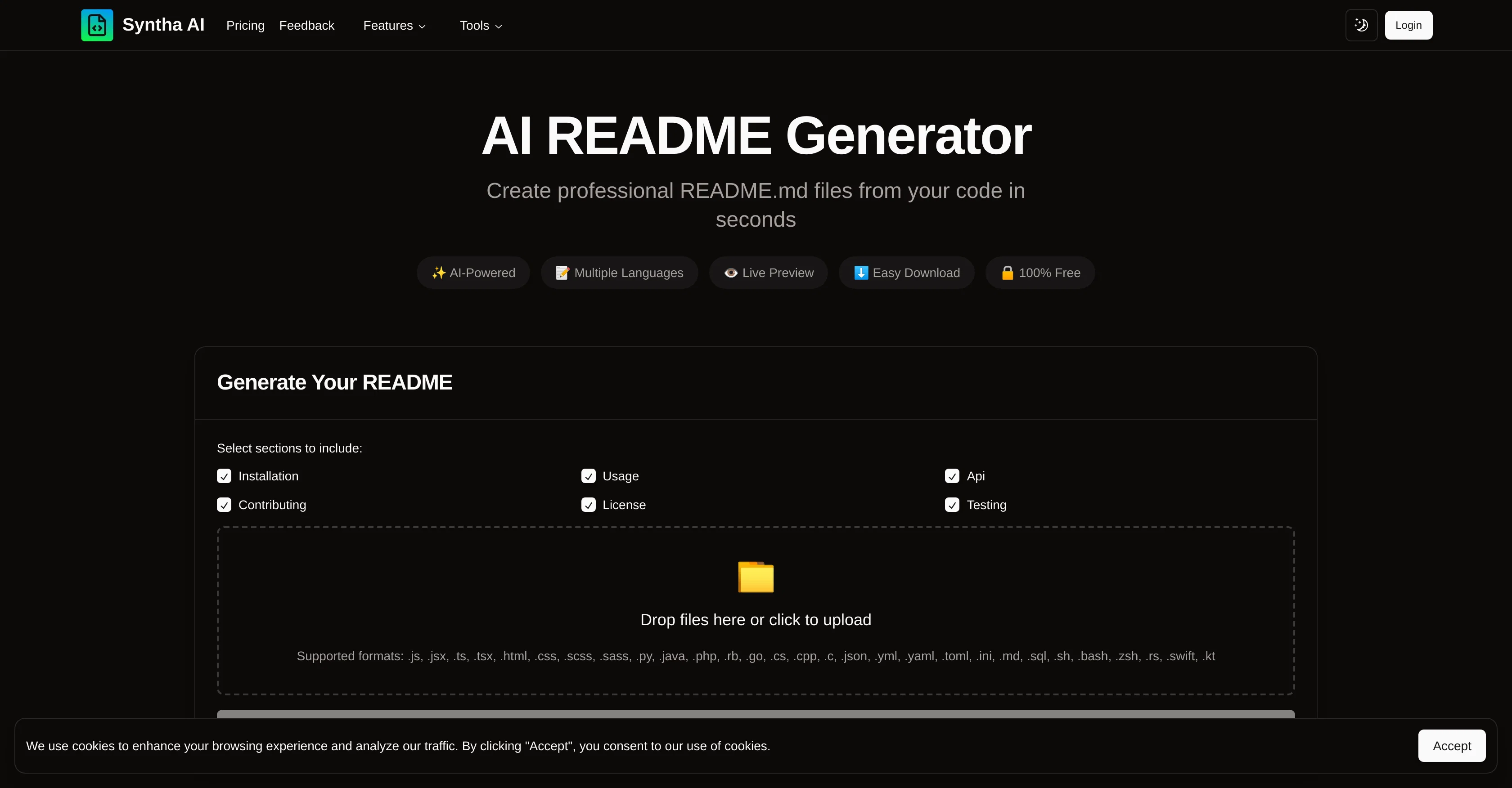 Syntha AI README Generator website