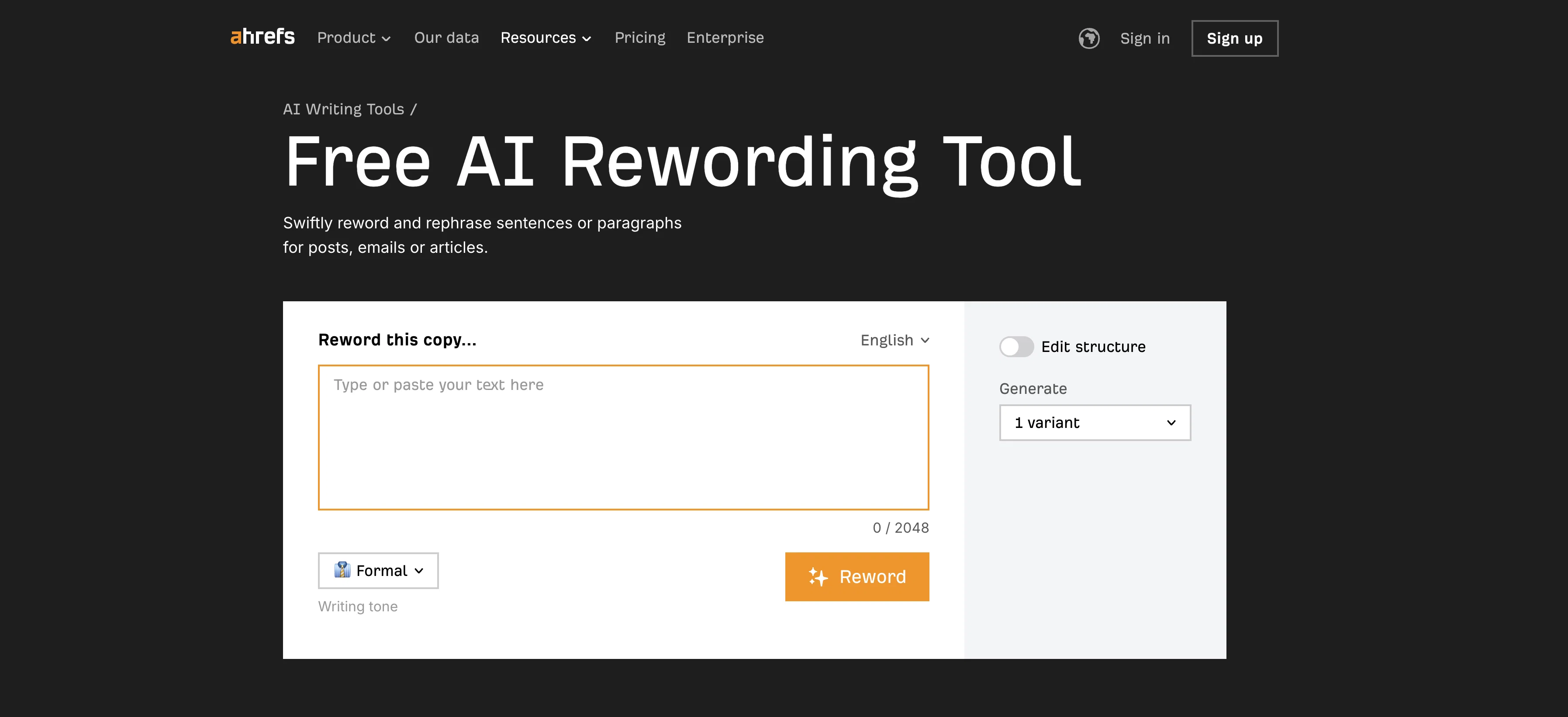 Ahrefs AI Rewording Tool website