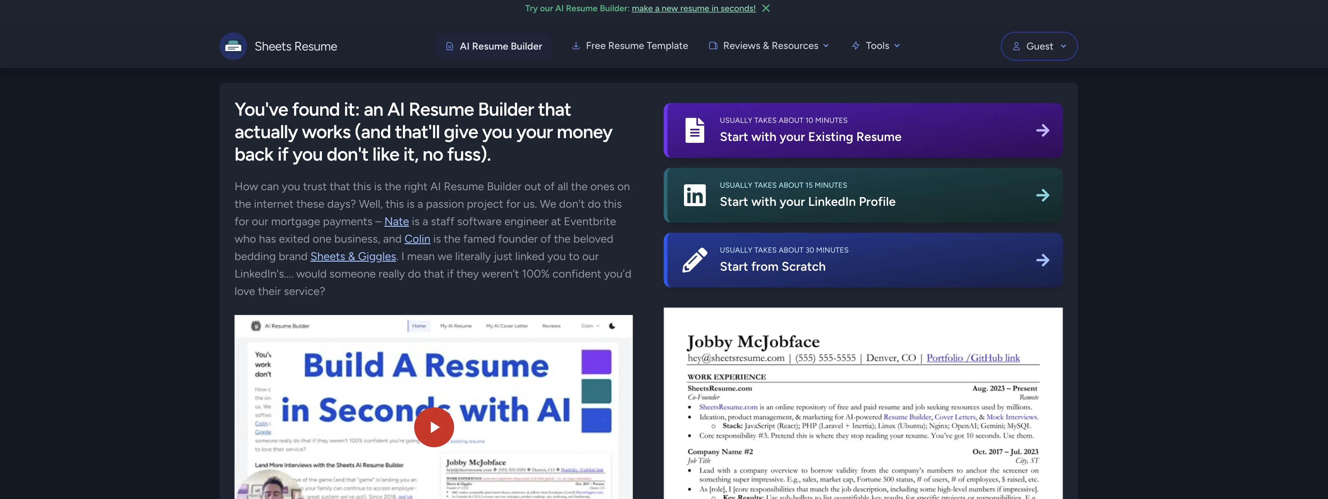 SheetsResume website