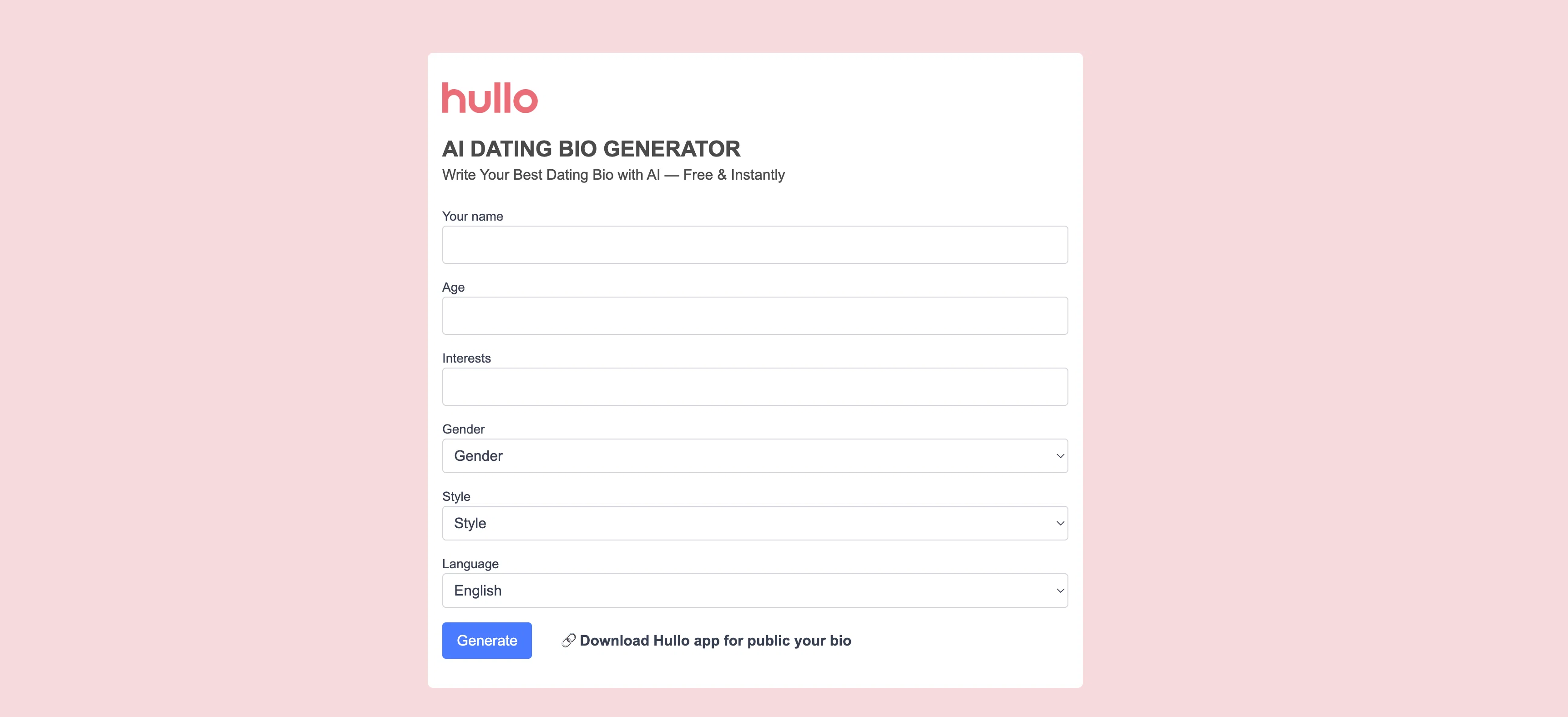 Hullo AI Bio Generator website