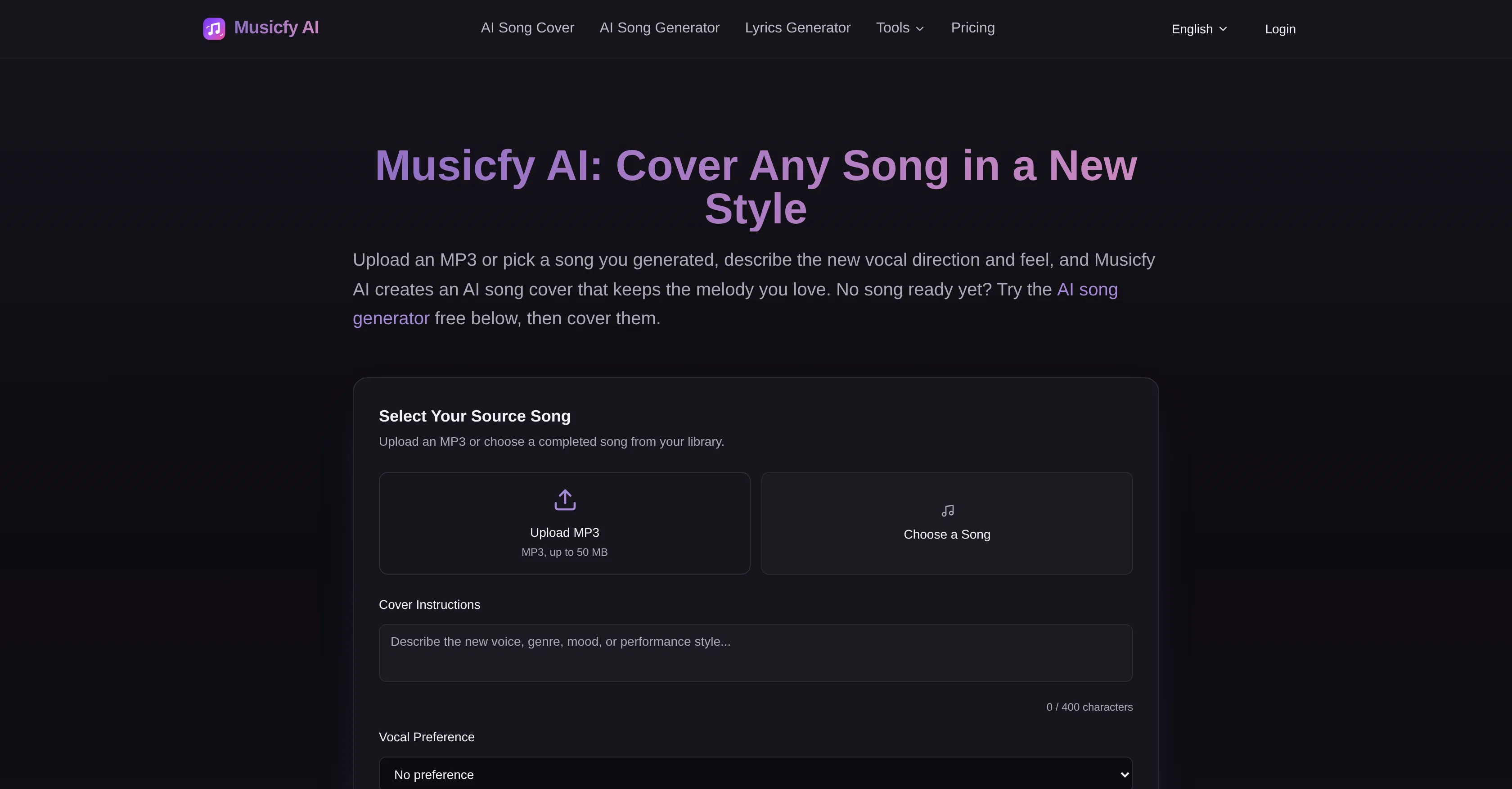 Musicfy AI website