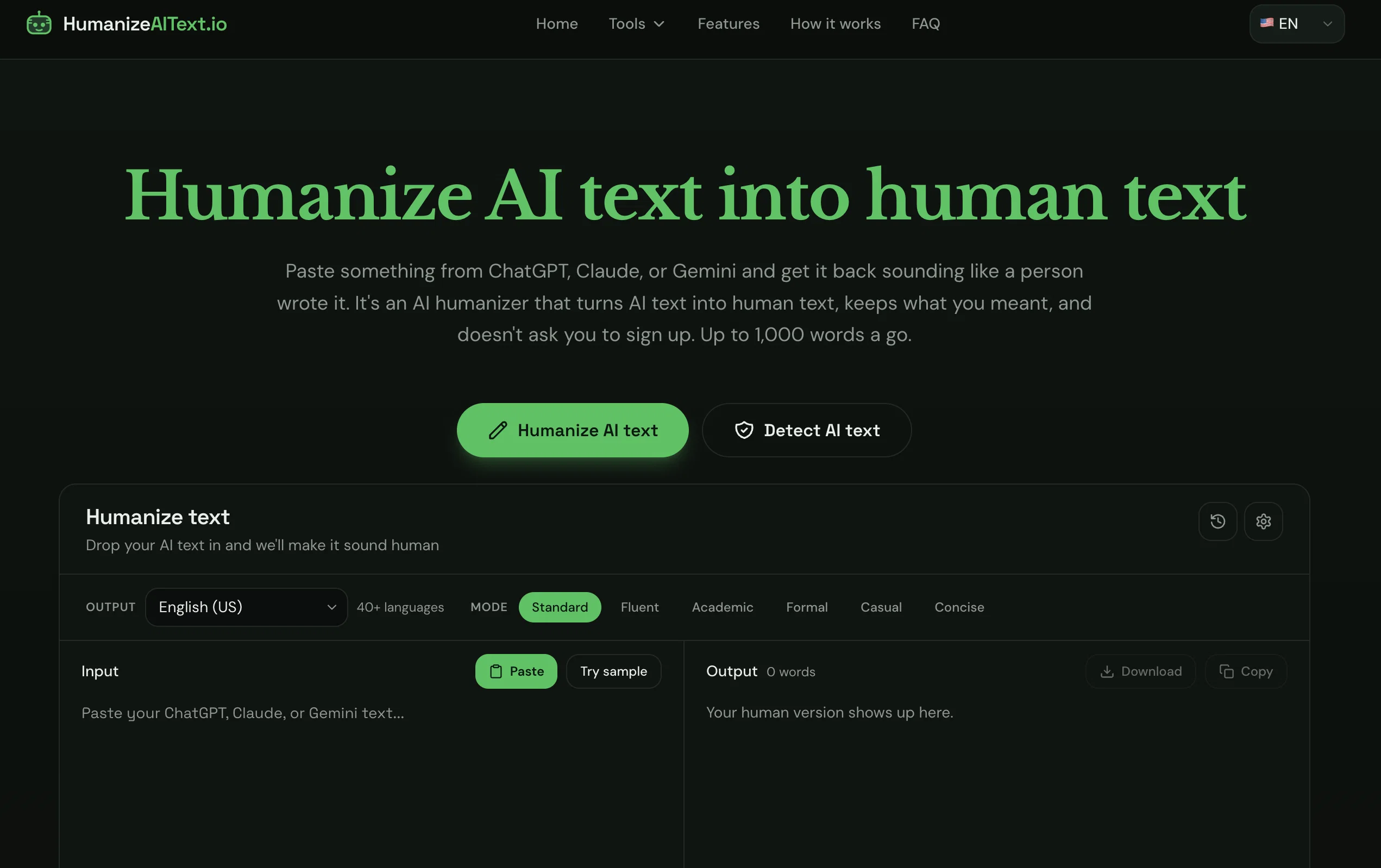 Humanize AI Text.io website