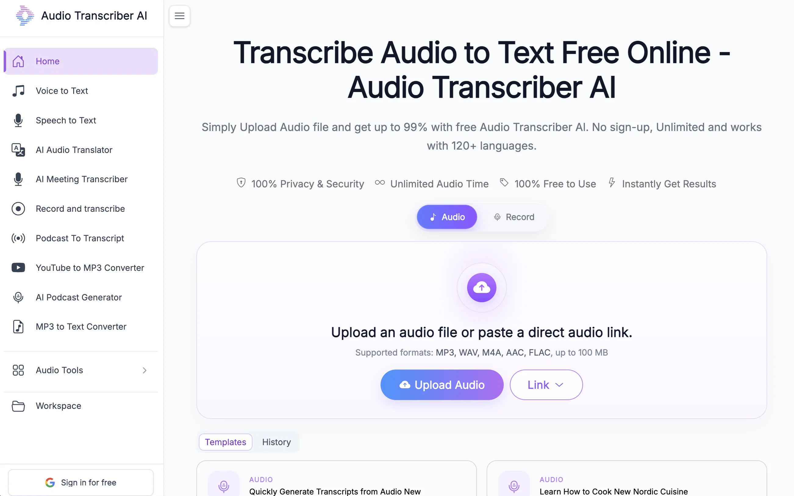 Audio Transcriber AI website