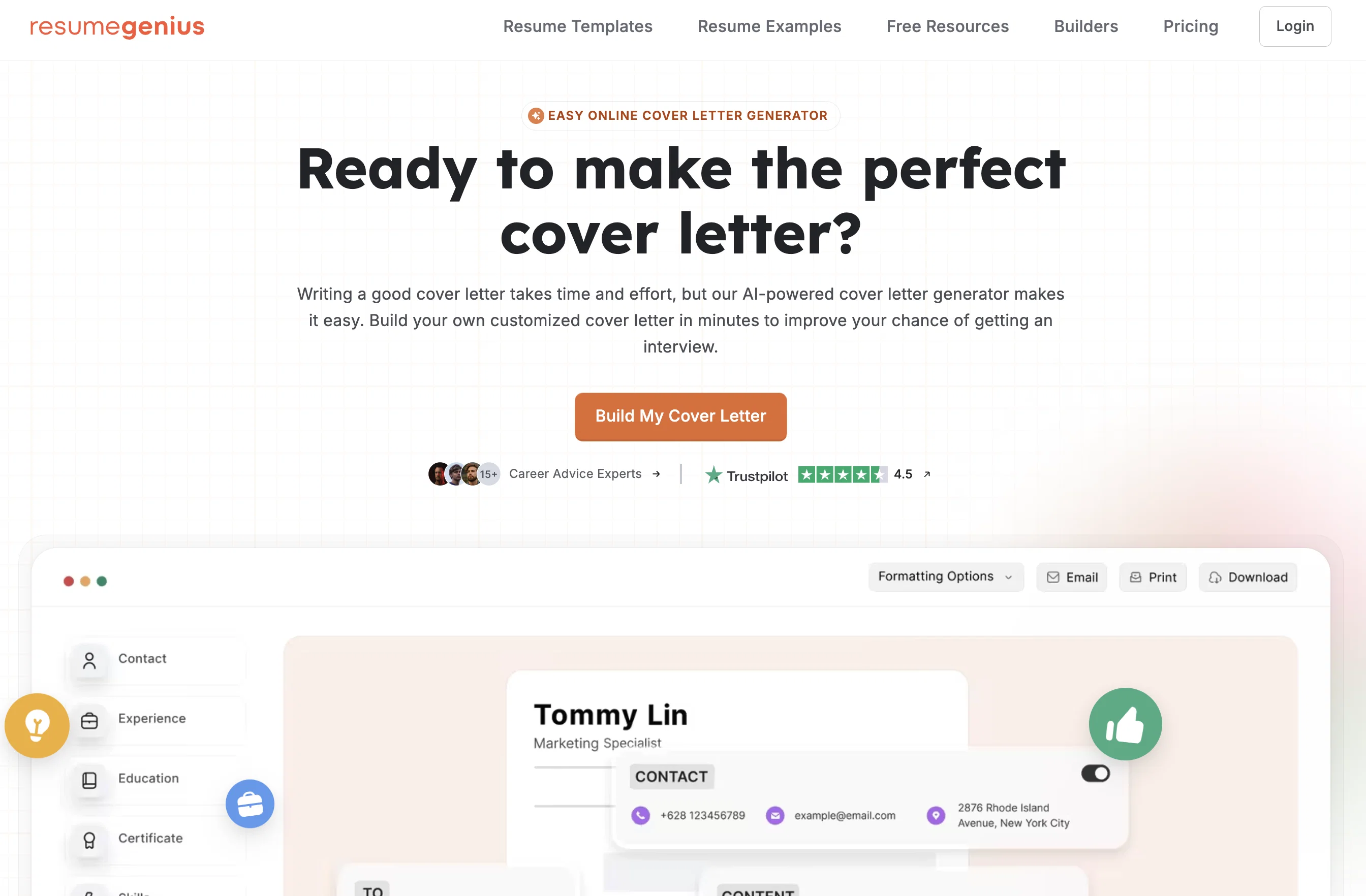 Cover Letter Generator by Resume Genius website