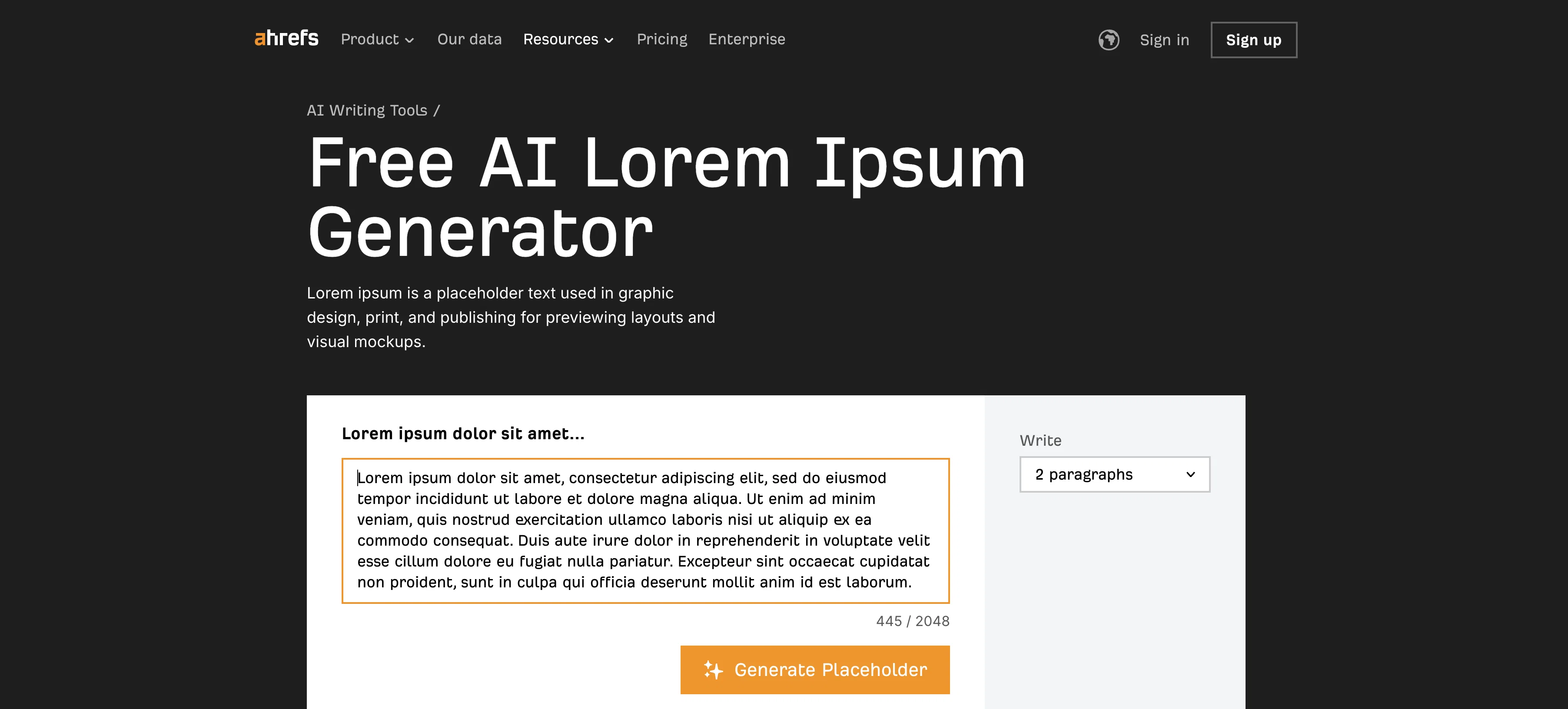 Ahrefs Lorem Ipsum Generator website