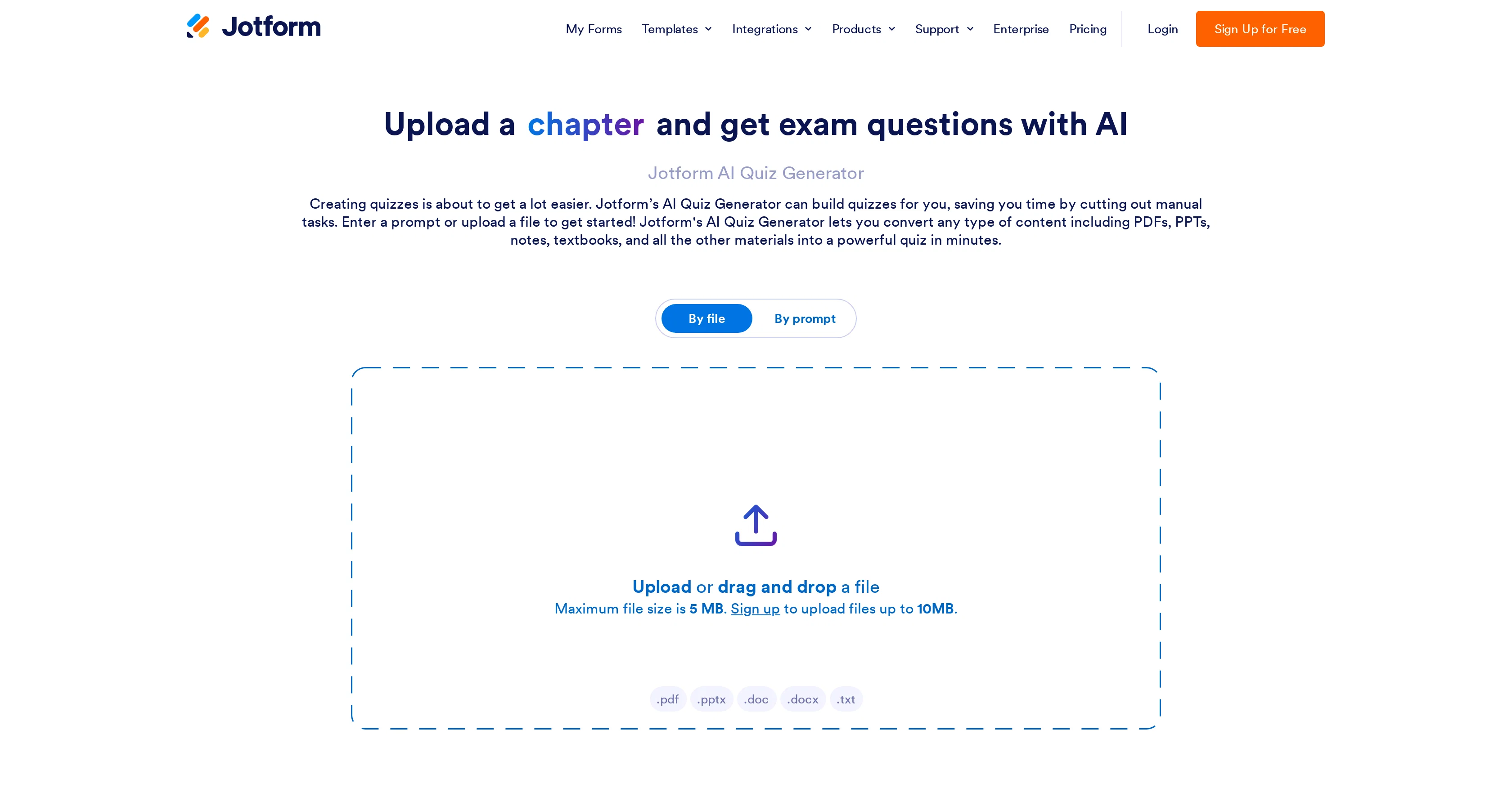 Jotform AI Quiz Generator website