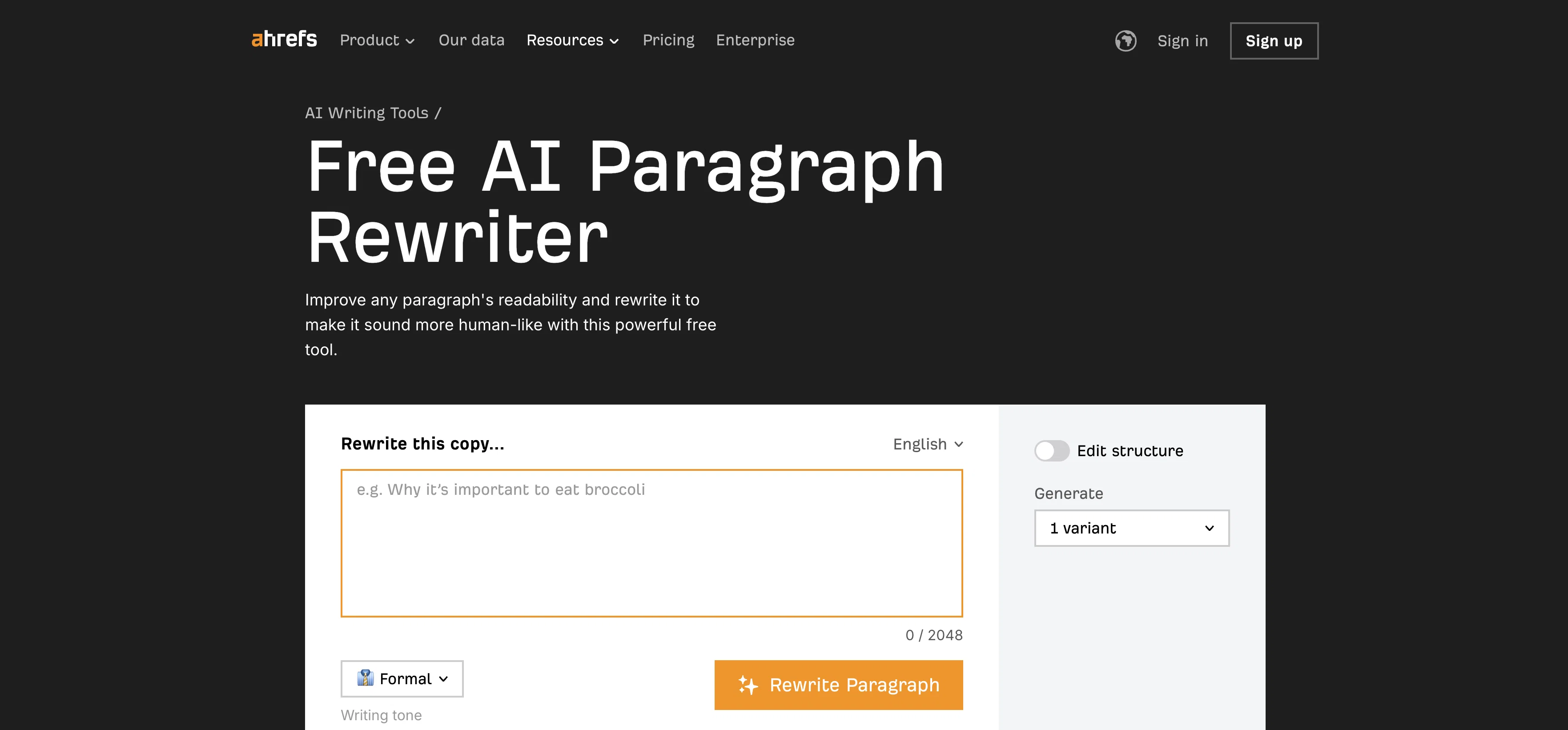 Ahrefs AI Paragraph Rewriter website