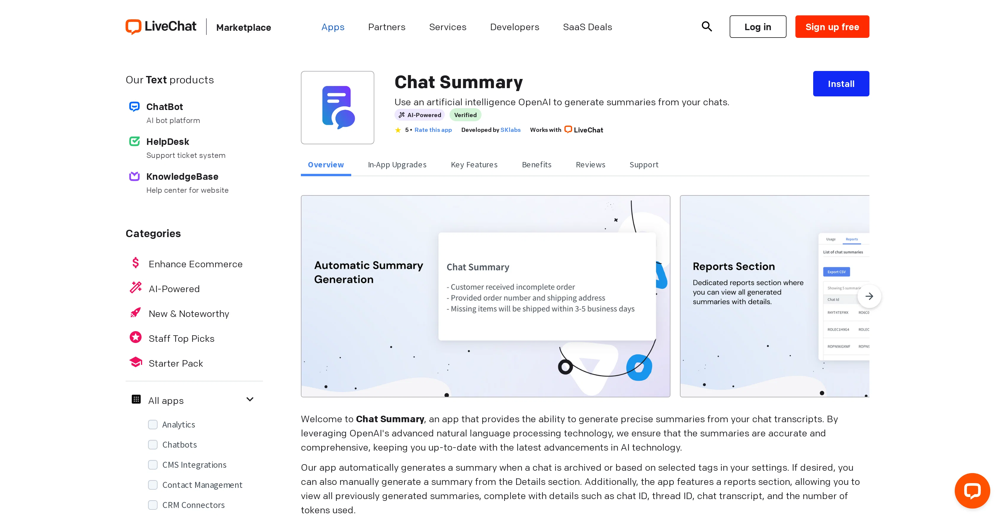 Chat Summary for LiveChat website