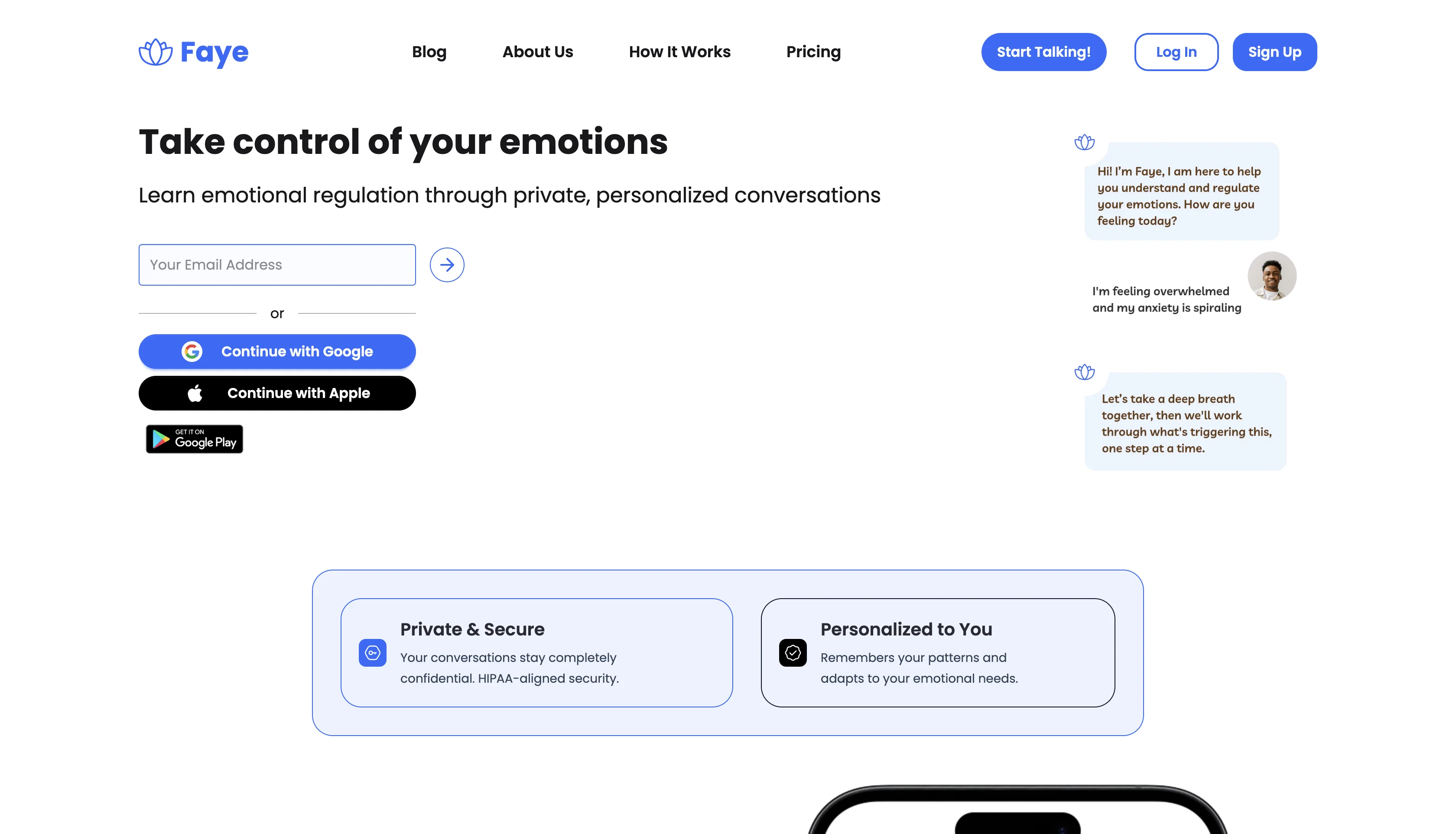 Faye - AI for Emotional Regulation website