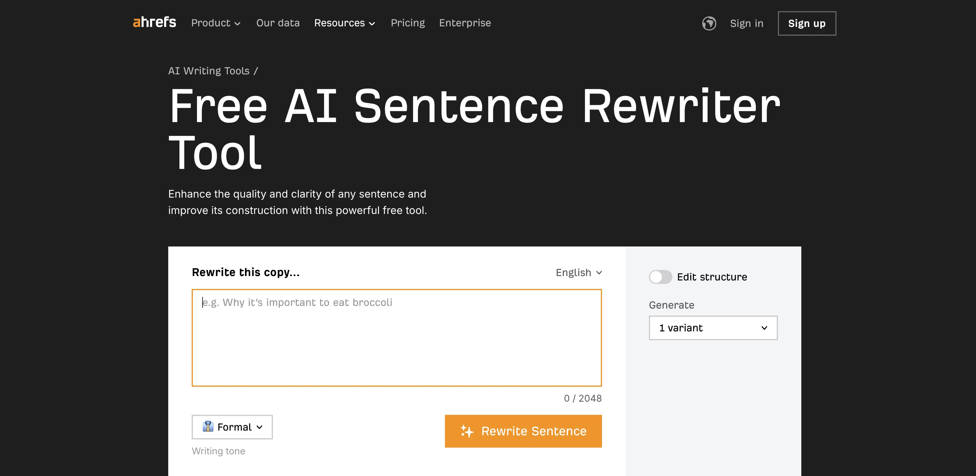 Ahrefs AI Sentence Rewriter Tool website
