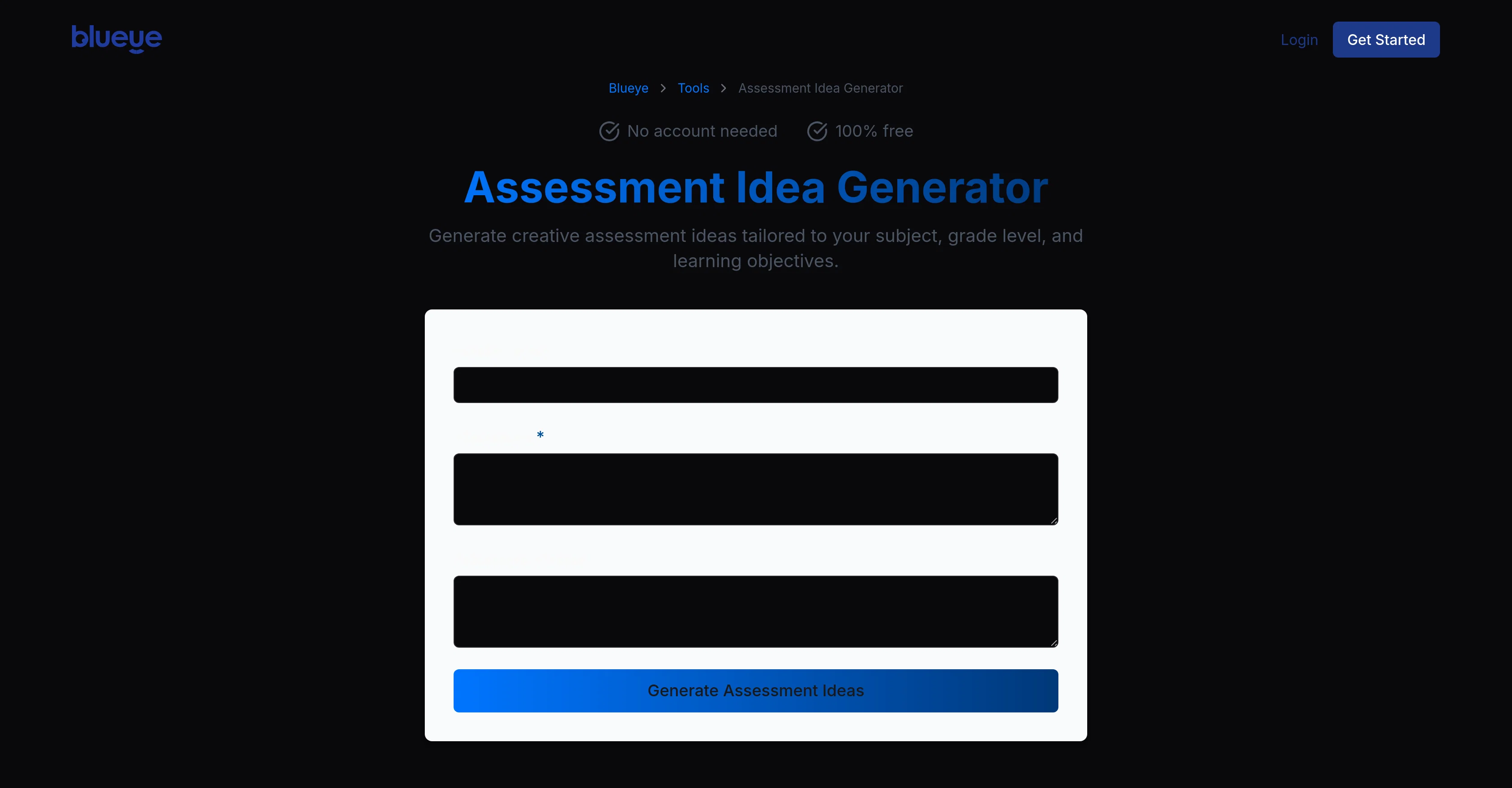 Assessment Idea Generator from Blueye website