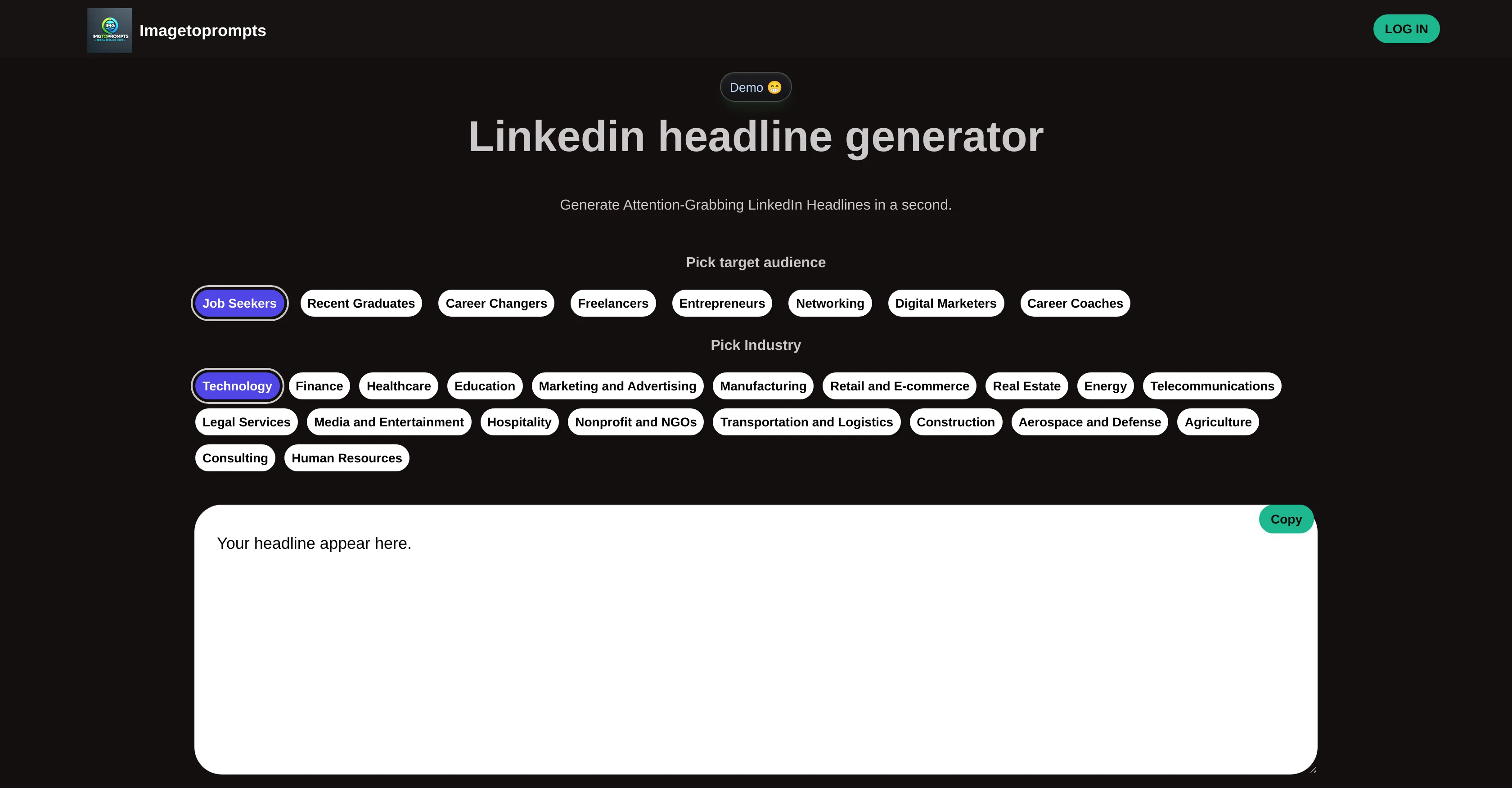 Imagetoprompts LinkedIn Headline Generator website