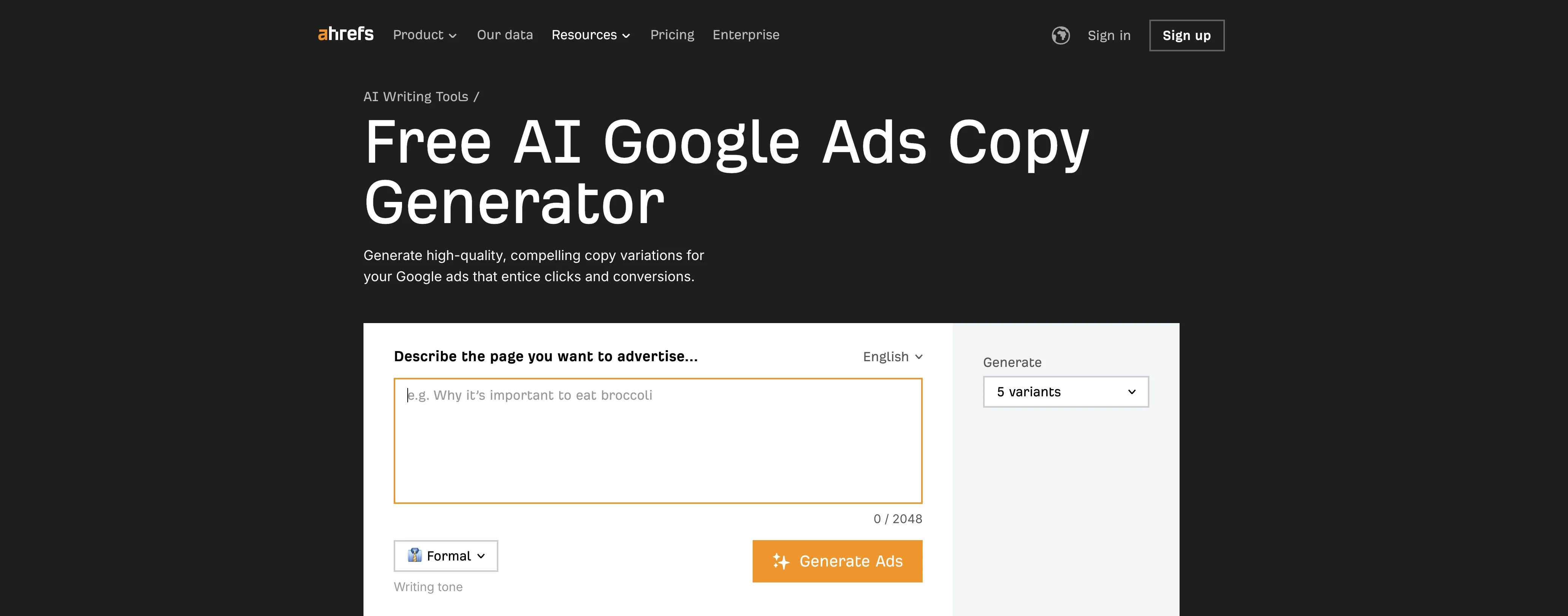 Ahrefs AI Google Ads Copy Generator website