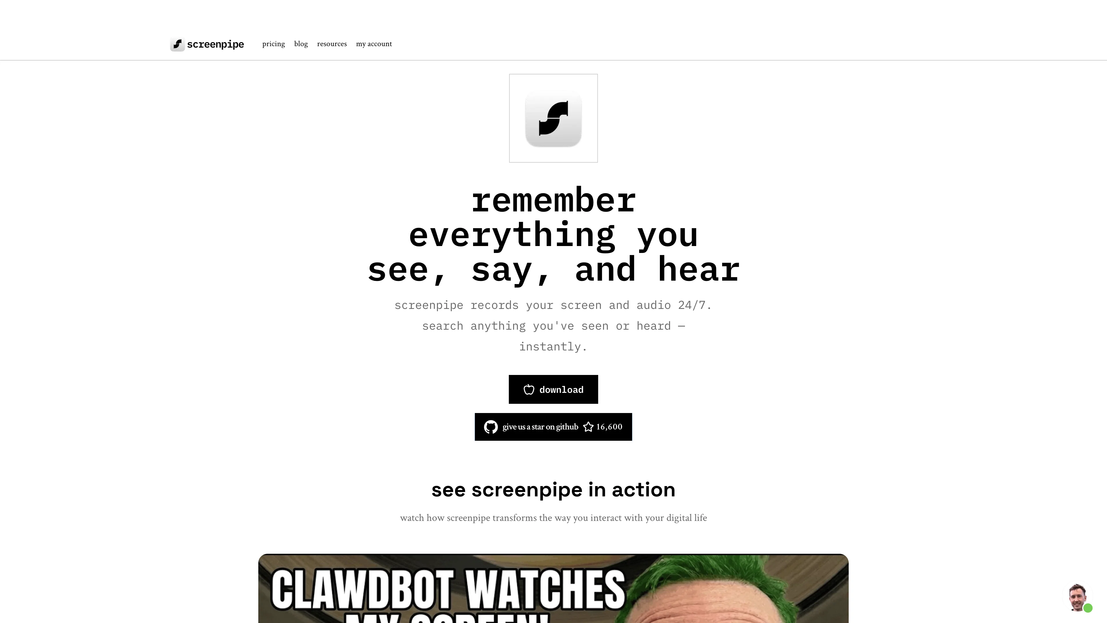 screenpipe website
