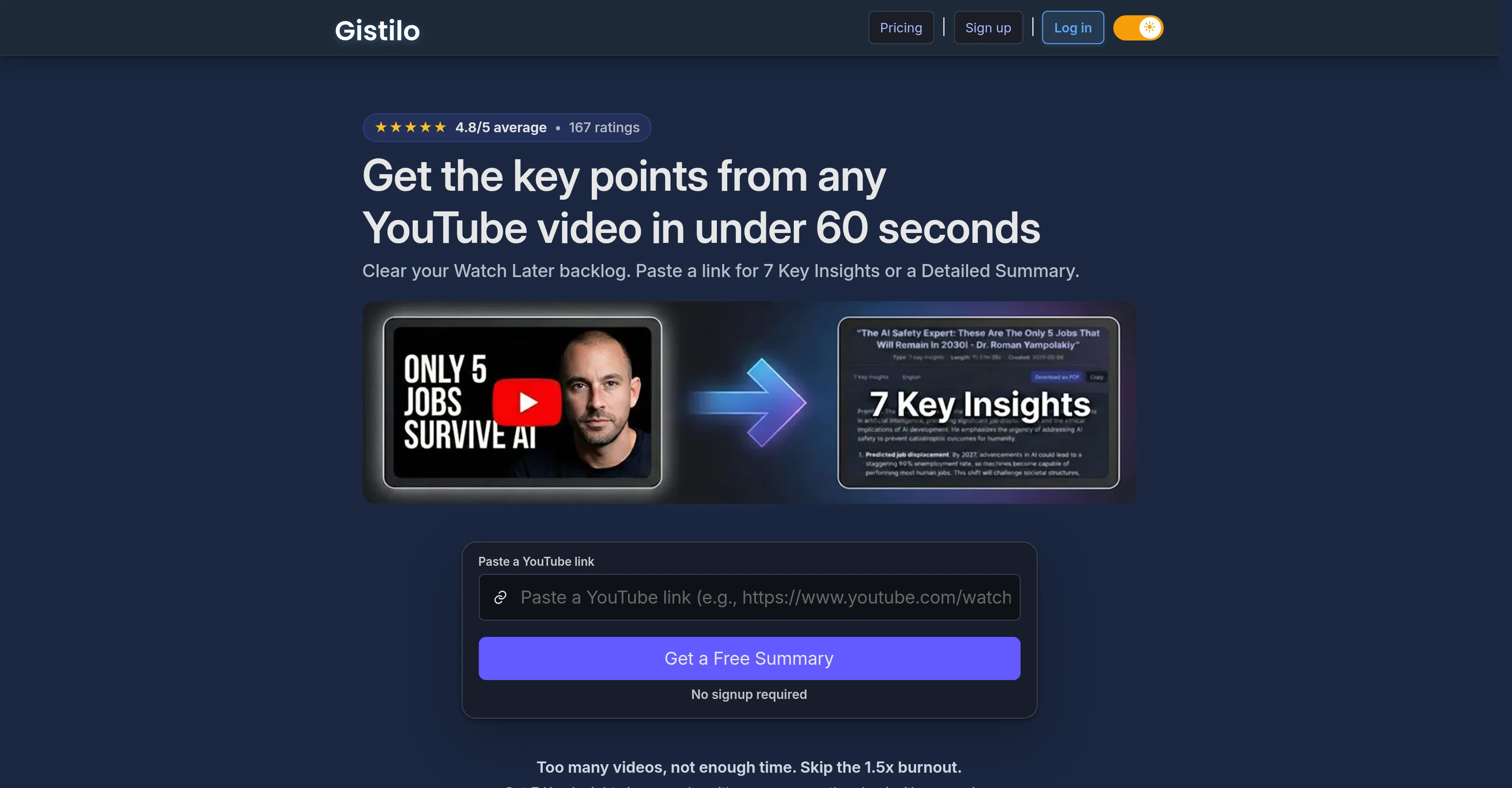 YouTube Summarizer by Gistilo website