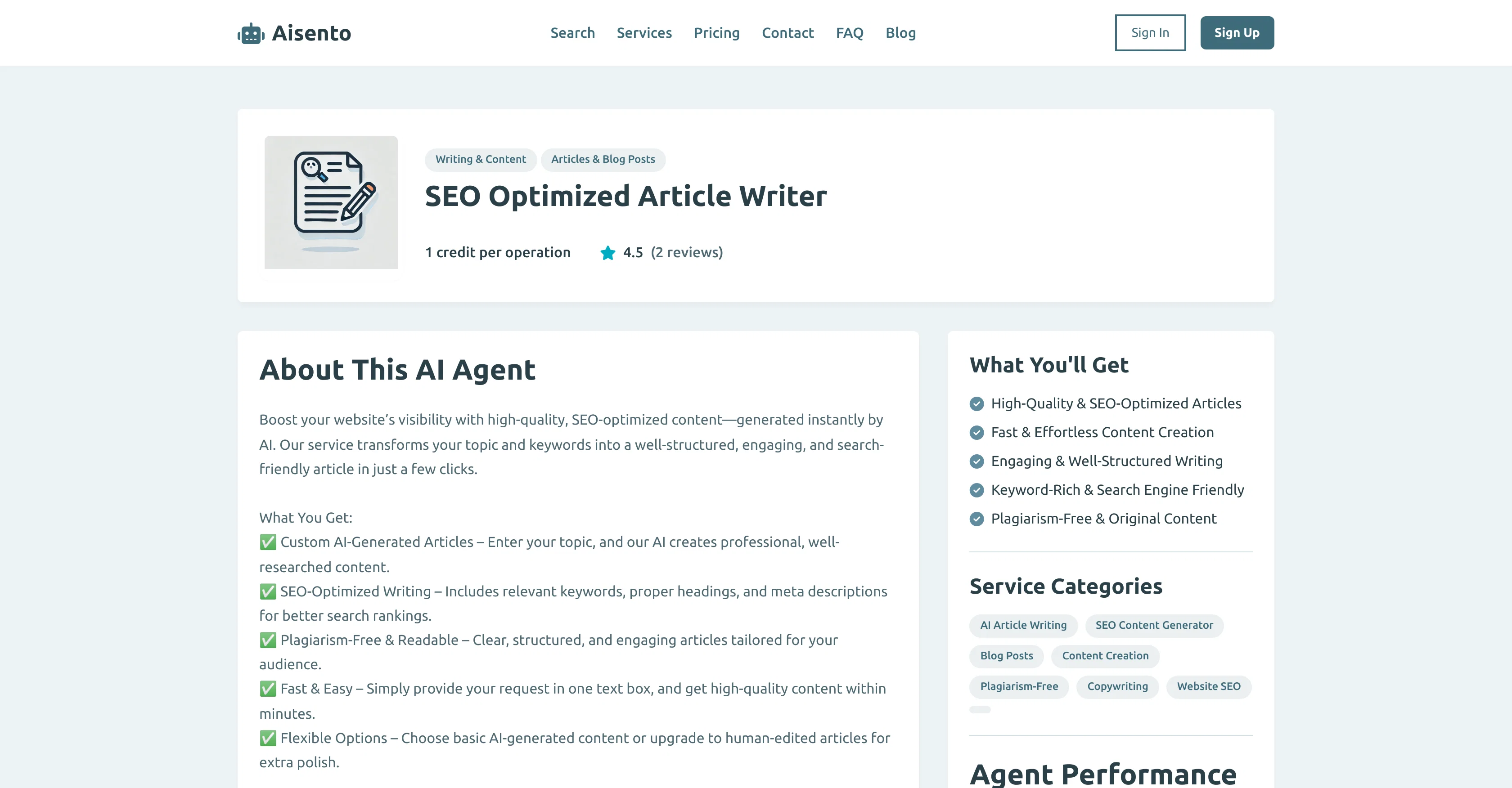 SEO Optimized Article Writer - Aisento website