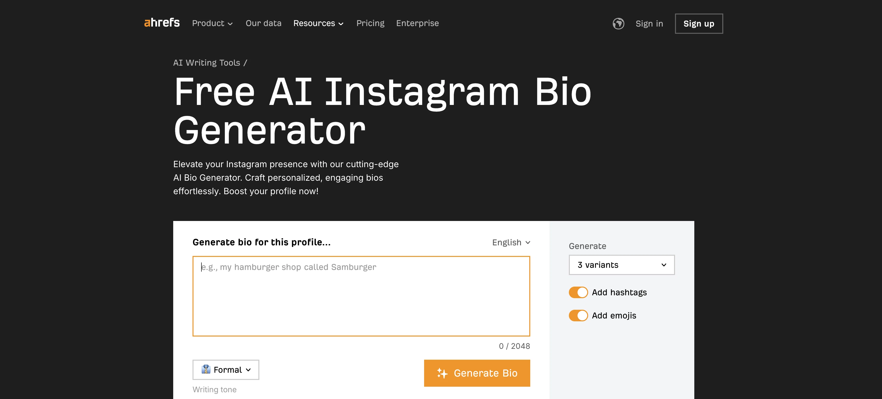 Ahrefs Meta Description Generator website
