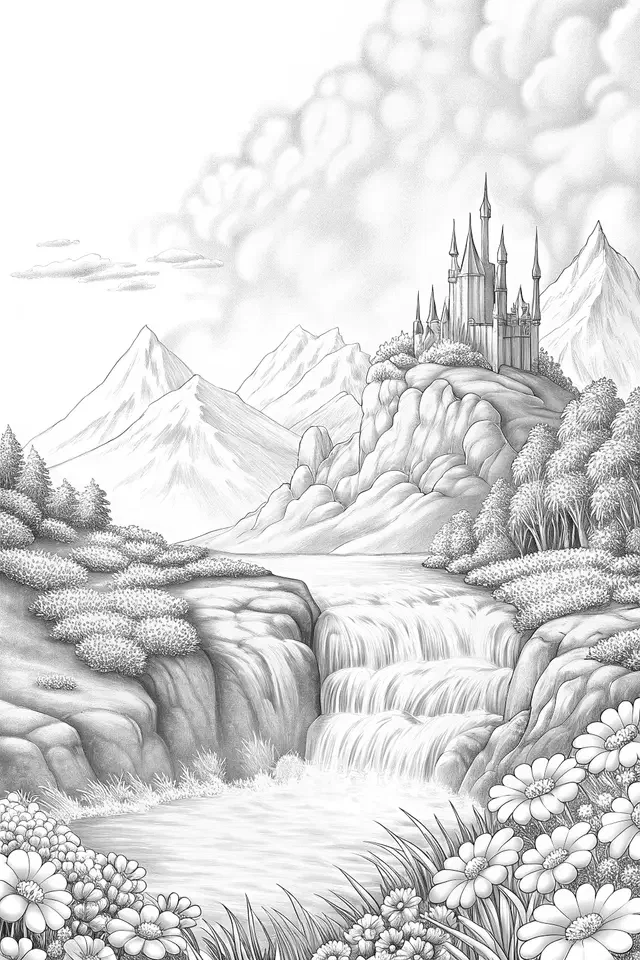 Pencil Sketch style coloring page of a fantasy landscape