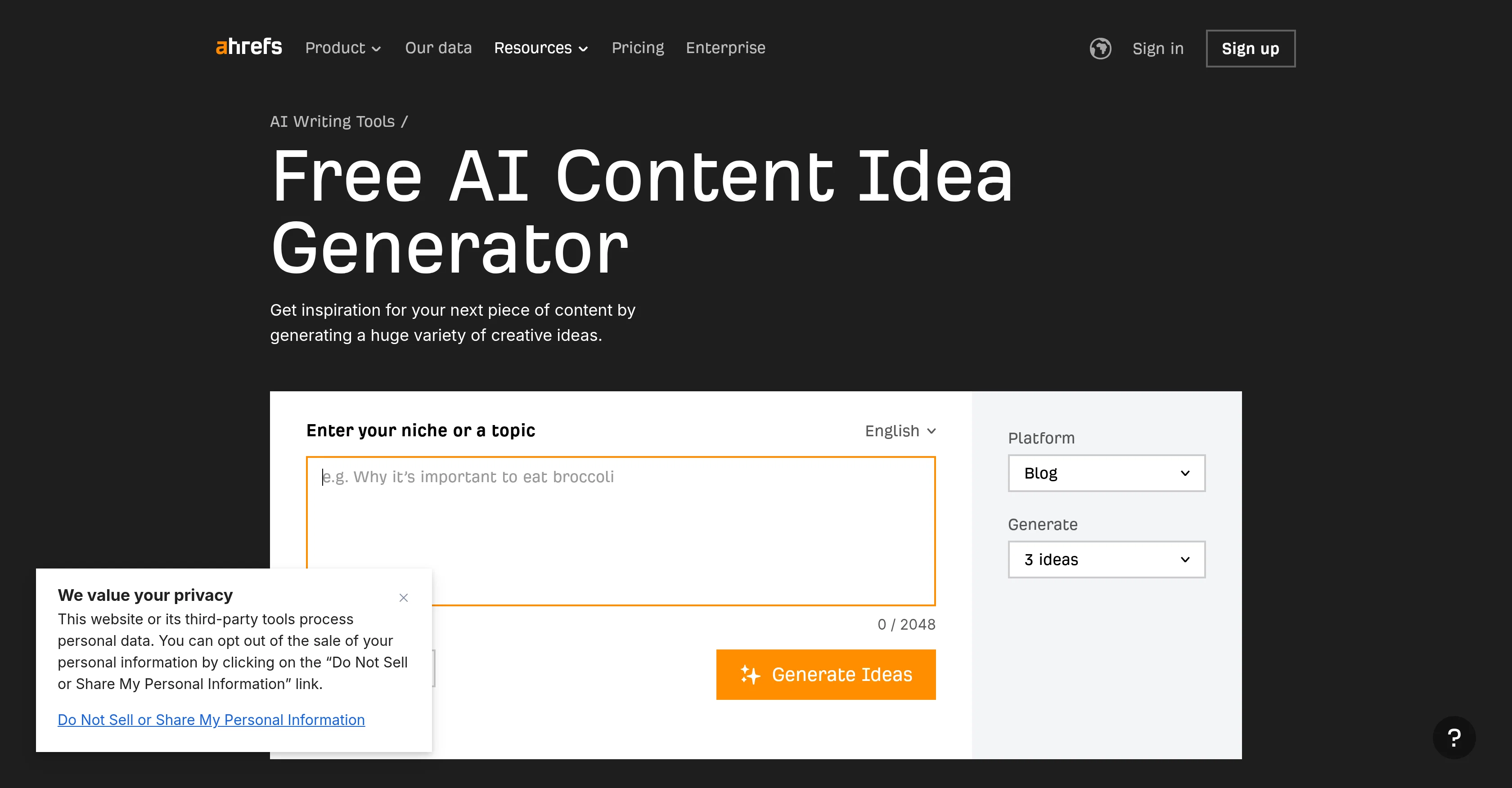 Ahrefs AI Content Idea Generator website
