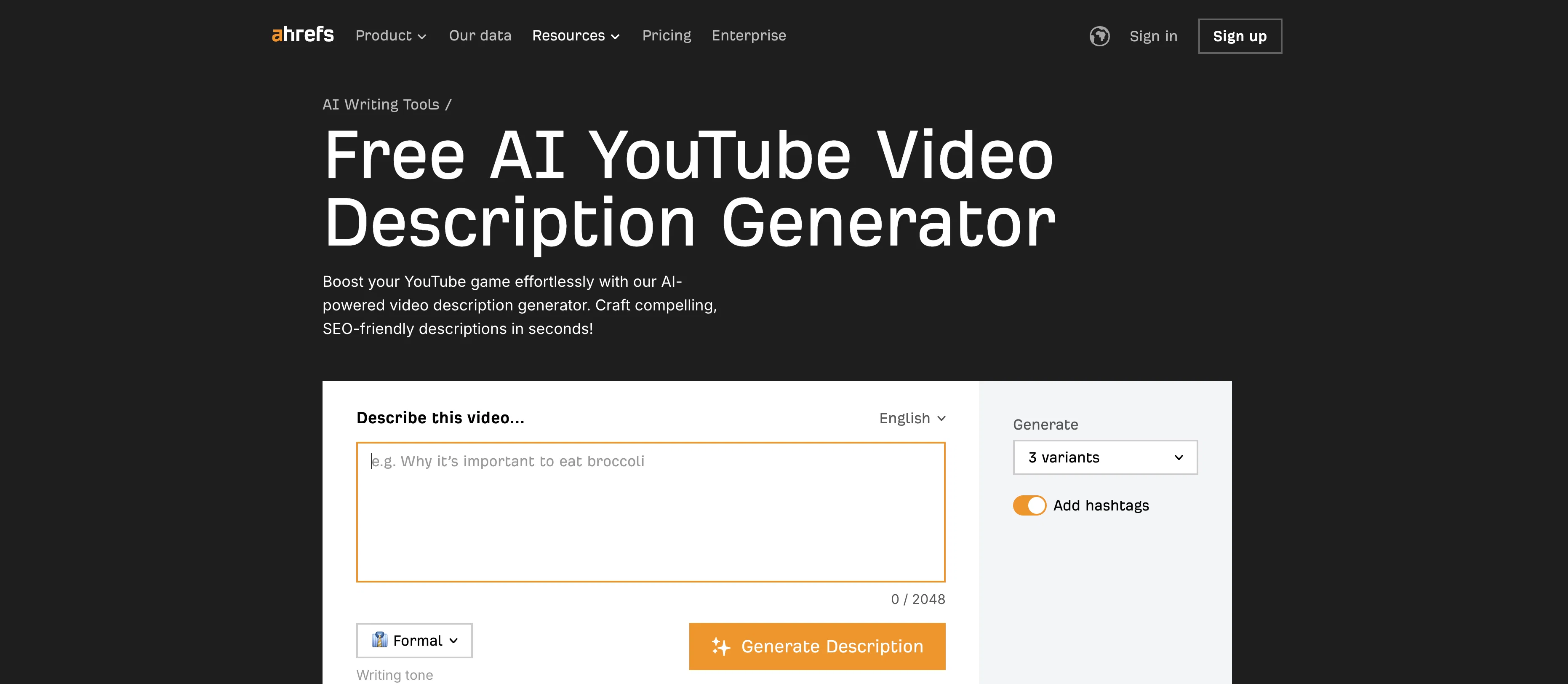 Ahrefs YouTube Video Description Generator website